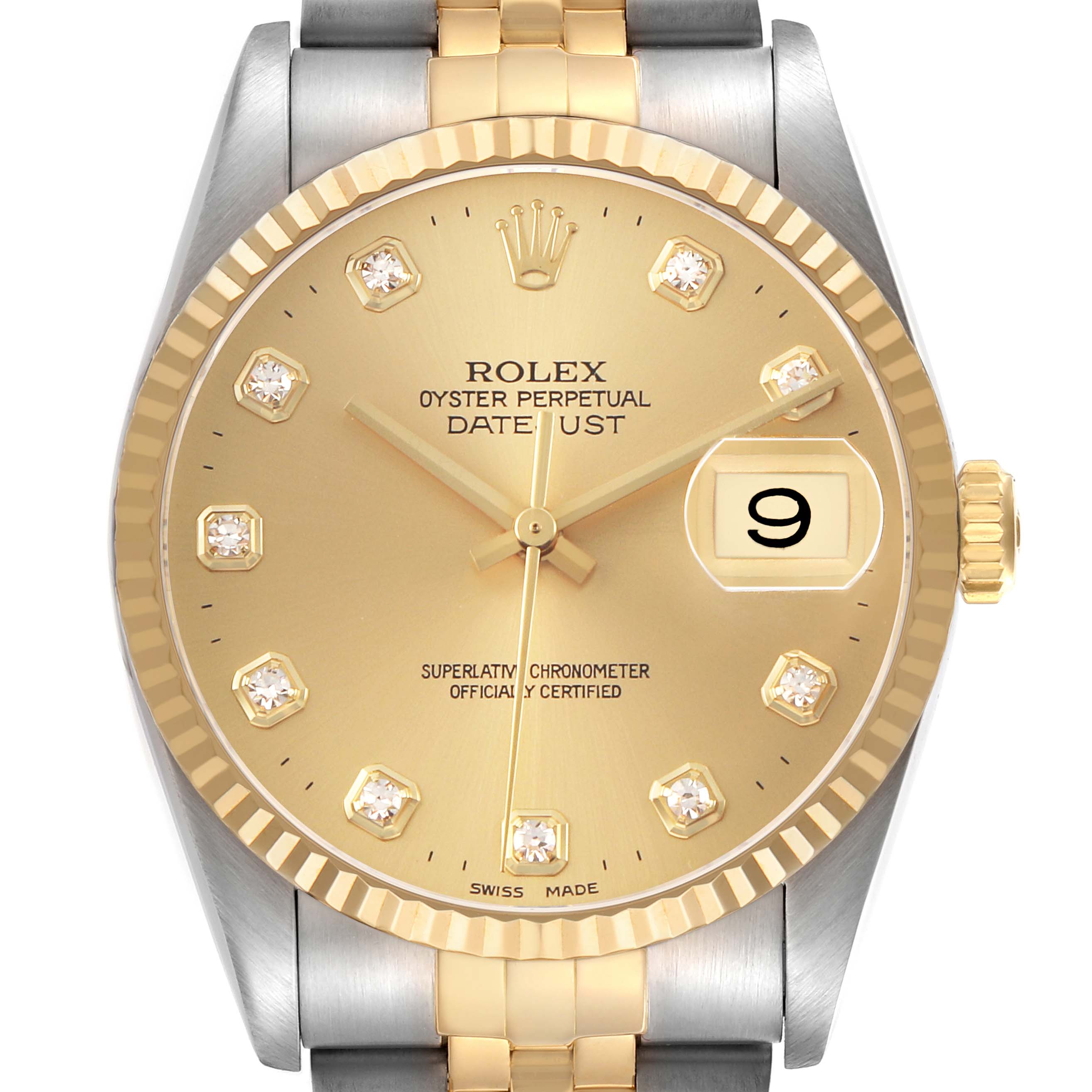 The image shows a frontal view of a Rolex Datejust 16233 Men's Steel and Gold (two tone) Champagne Dial watch, highlighting the gold dial, diamond markers, and jubilee bracelet.