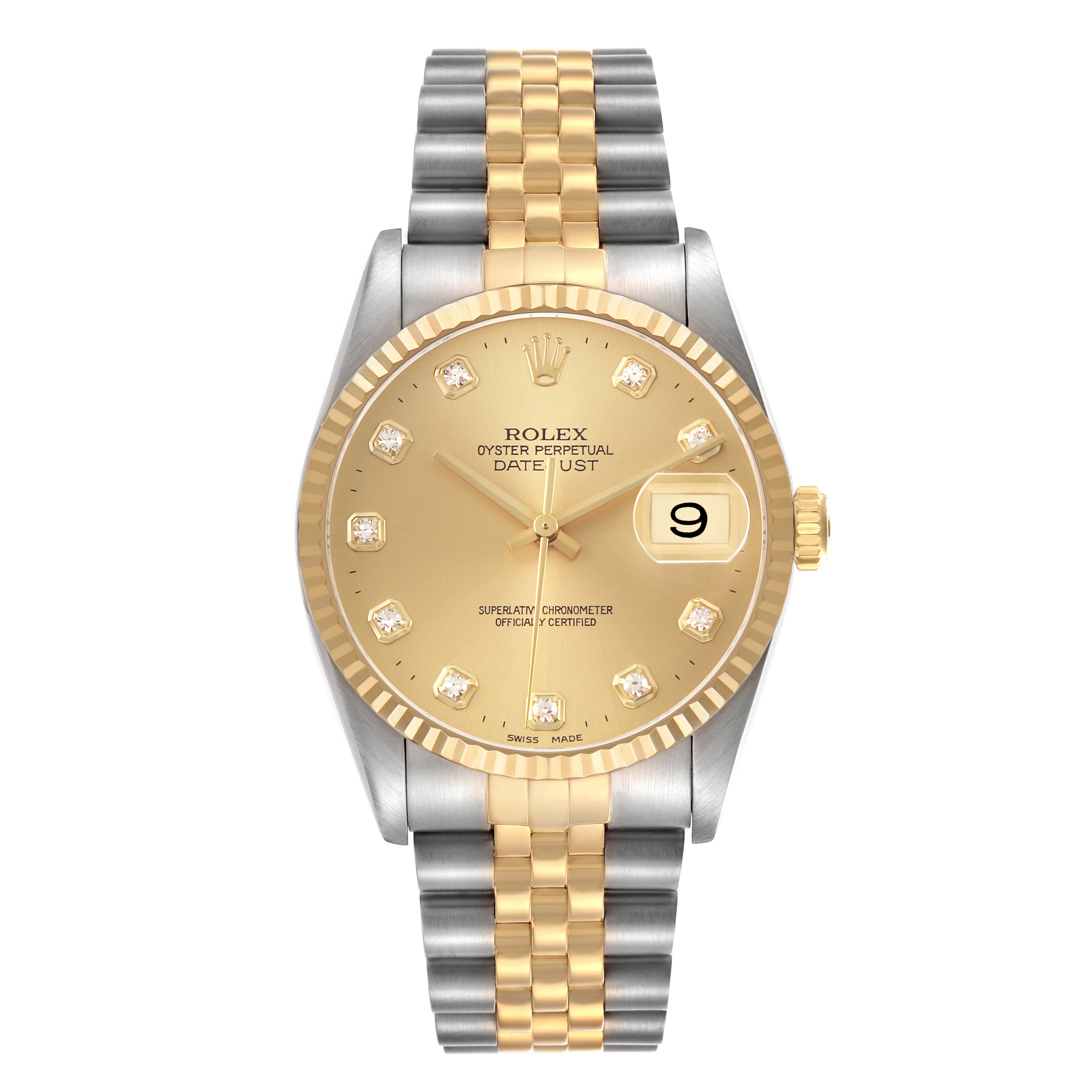 The Rolex Datejust 16233 Men's Steel and Gold (two tone) Champagne Dial watch is shown from a front view, featuring a two-tone bracelet, fluted bezel, and gold dial with diamond markers.
