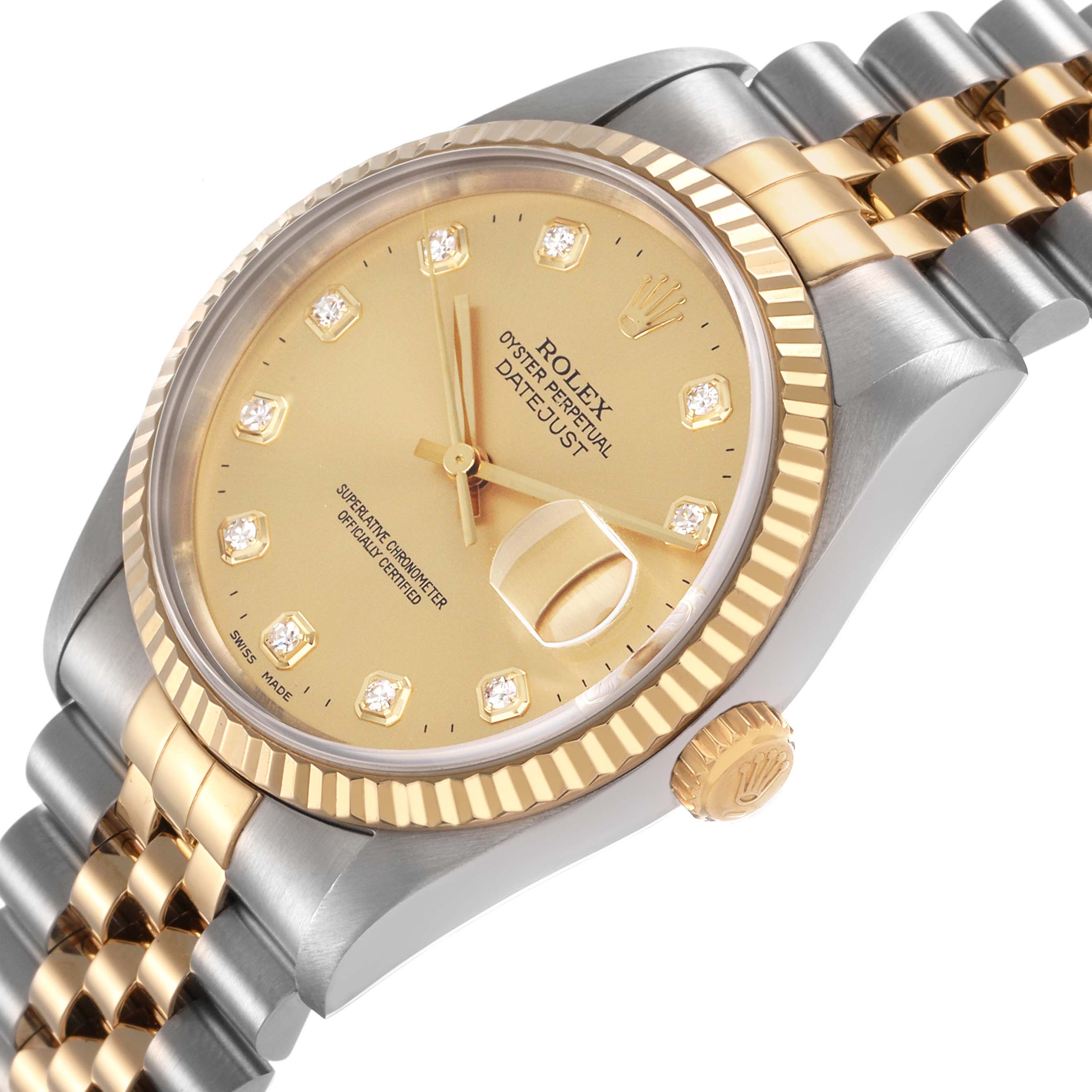 The Rolex Datejust 16233 Men's Steel and Gold (two tone) Champagne Dial watch is shown at a slight angle, displaying the dial, hands, date window, bezel, and part of the bracelet.