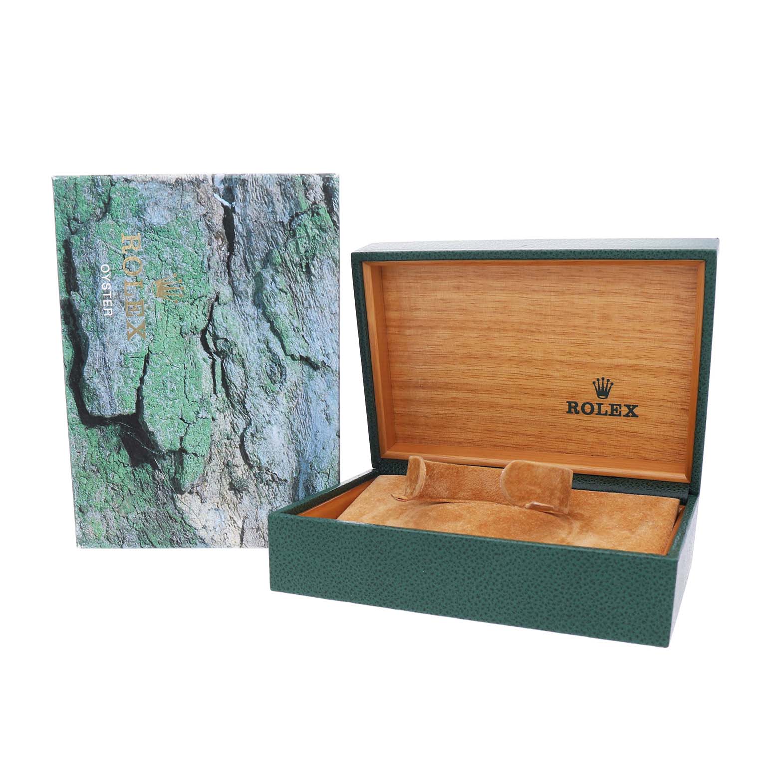 The image shows a Rolex Datejust 16233 Men's Steel and Gold (two tone) Champagne Dial watch box and green outer packaging, angled to reveal the interior with the Rolex logo.