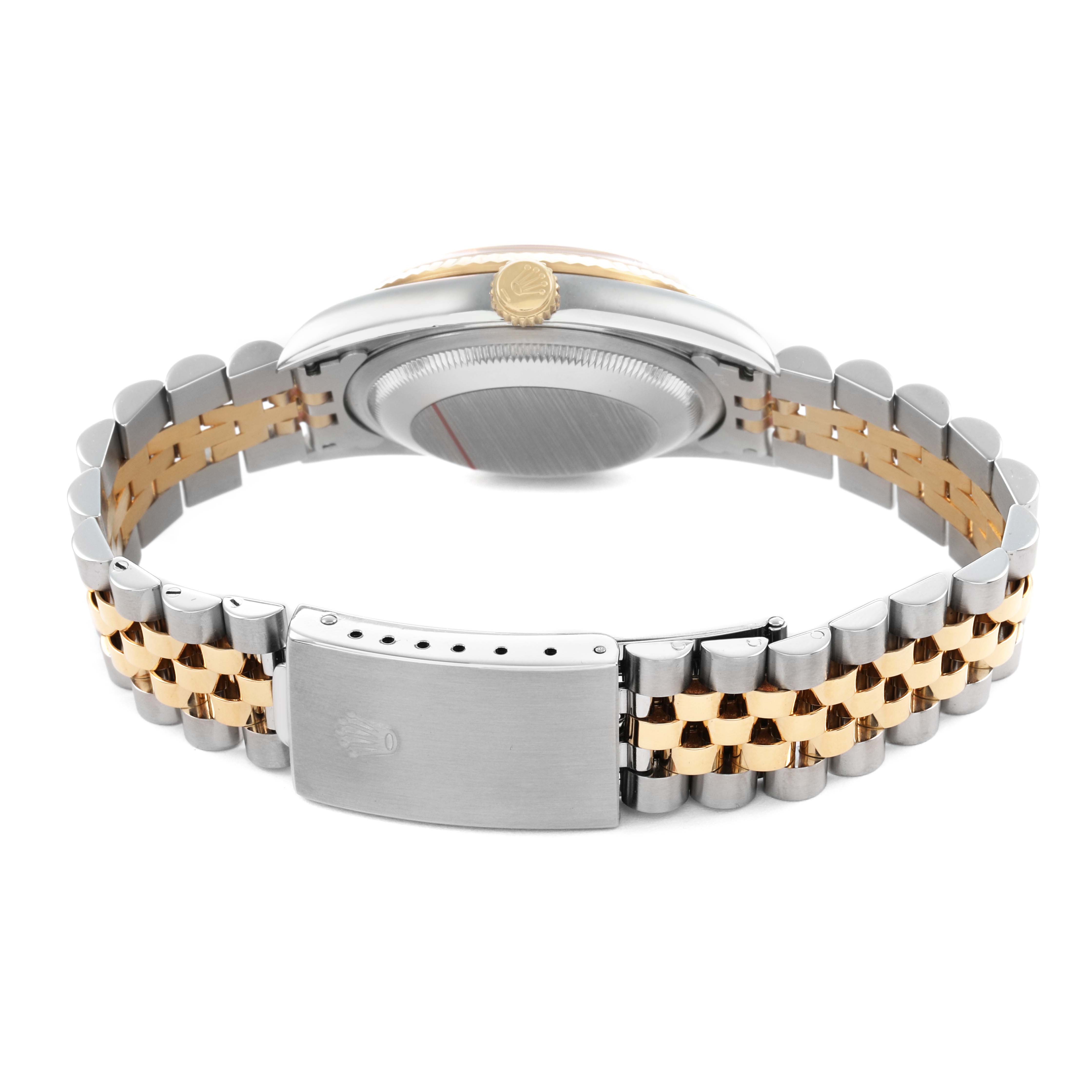 The image shows the back and side profile of a Rolex Datejust 16233 Men's Steel and Gold (two tone) Champagne Dial, highlighting its bracelet, clasp, and the crown.