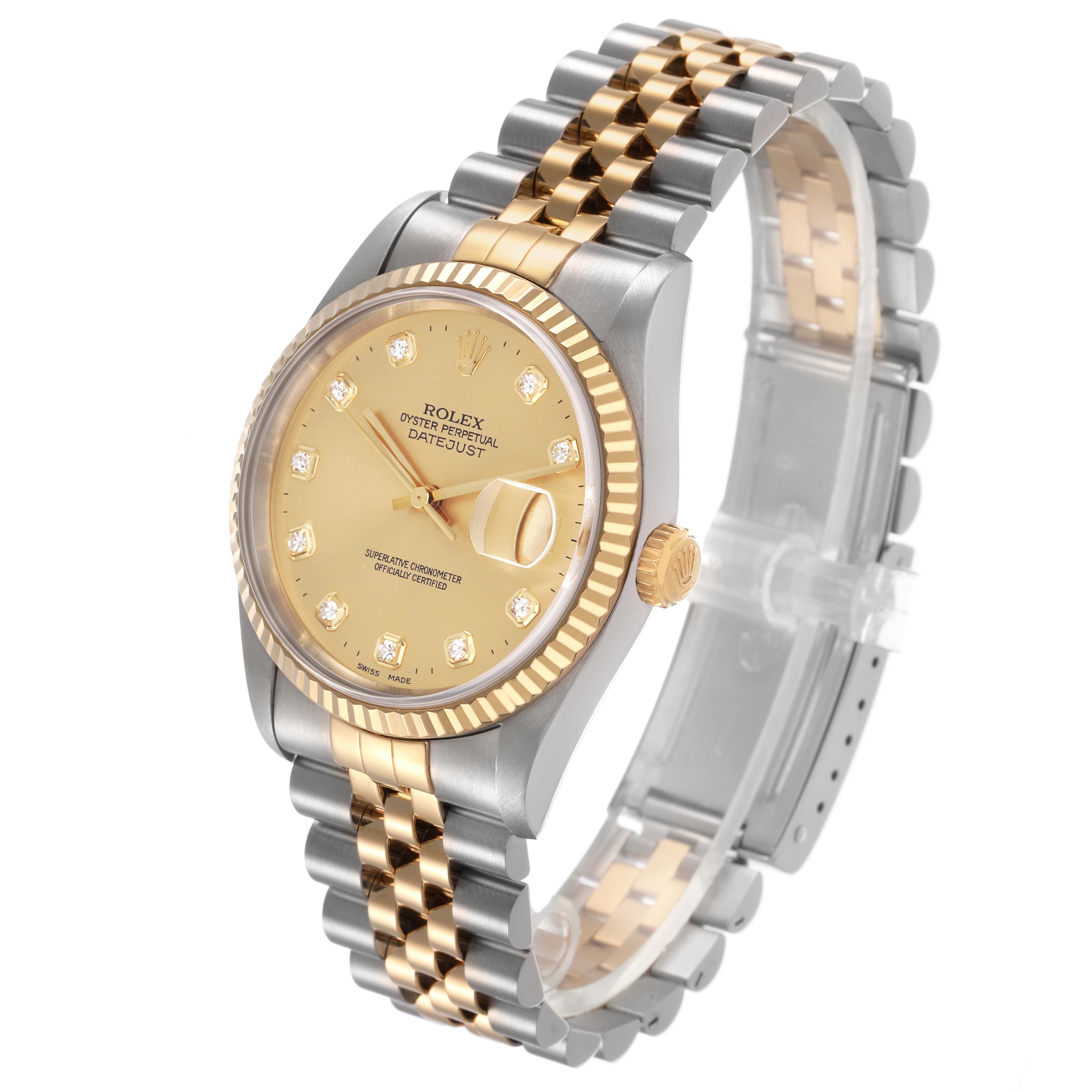 The Rolex Datejust 16233 Men's Steel and Gold (two tone) Champagne Dial watch is shown at a 3/4 angle, highlighting the face, bezel, crown, and two-tone bracelet.