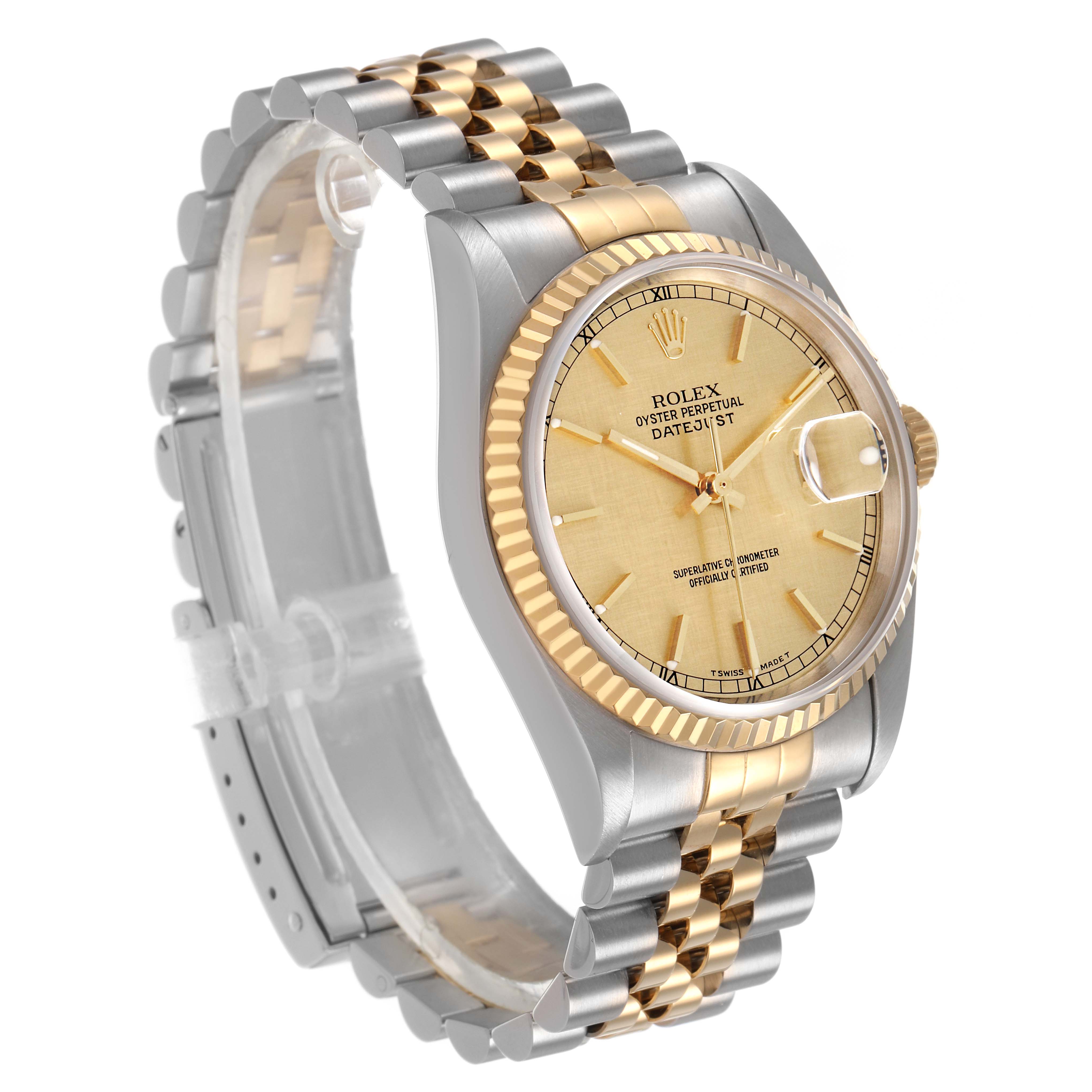 The image shows a Rolex Datejust 16233 Men's Stainless Steel Champagne Dial watch at a three-quarter angle, highlighting the dial, fluted bezel, and bracelet.
