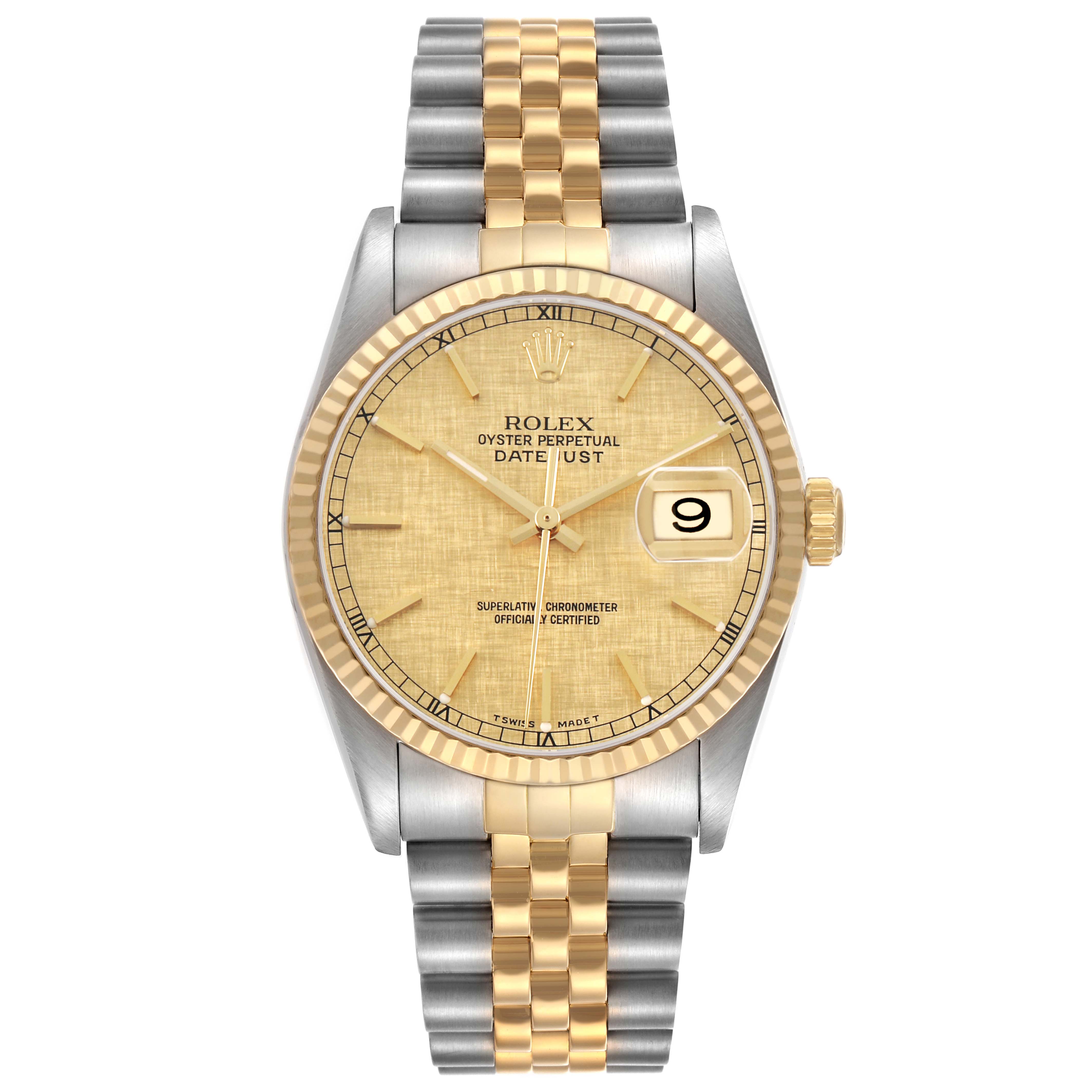 The Rolex Datejust 16233 Men's Stainless Steel Champagne Dial watch is shown from the front, highlighting its dial, bezel, and two-tone bracelet.