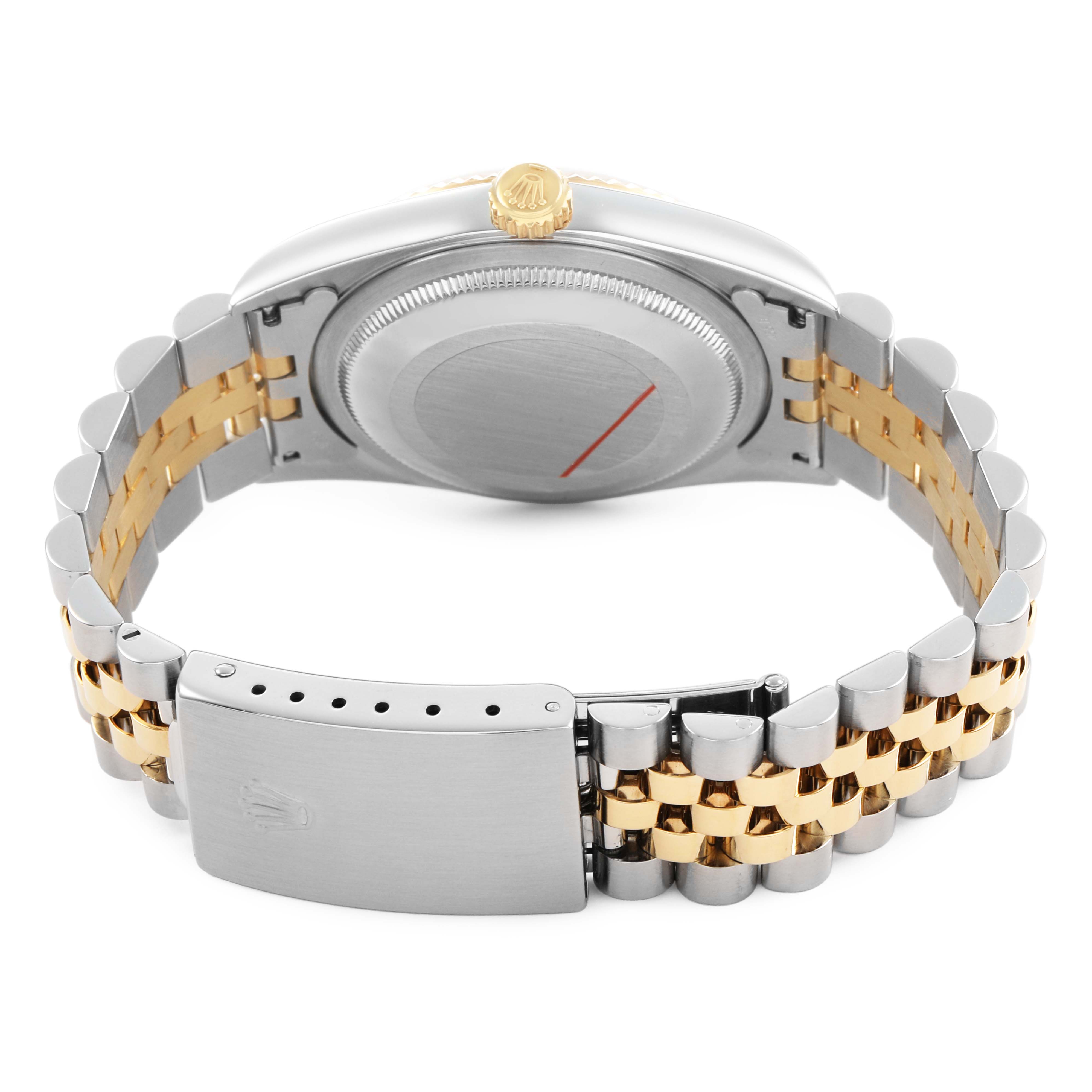 The Rolex Datejust 16233 Men's Stainless Steel Champagne Dial watch is shown from the back, highlighting the case back, bracelet, and clasp in a two-tone design.