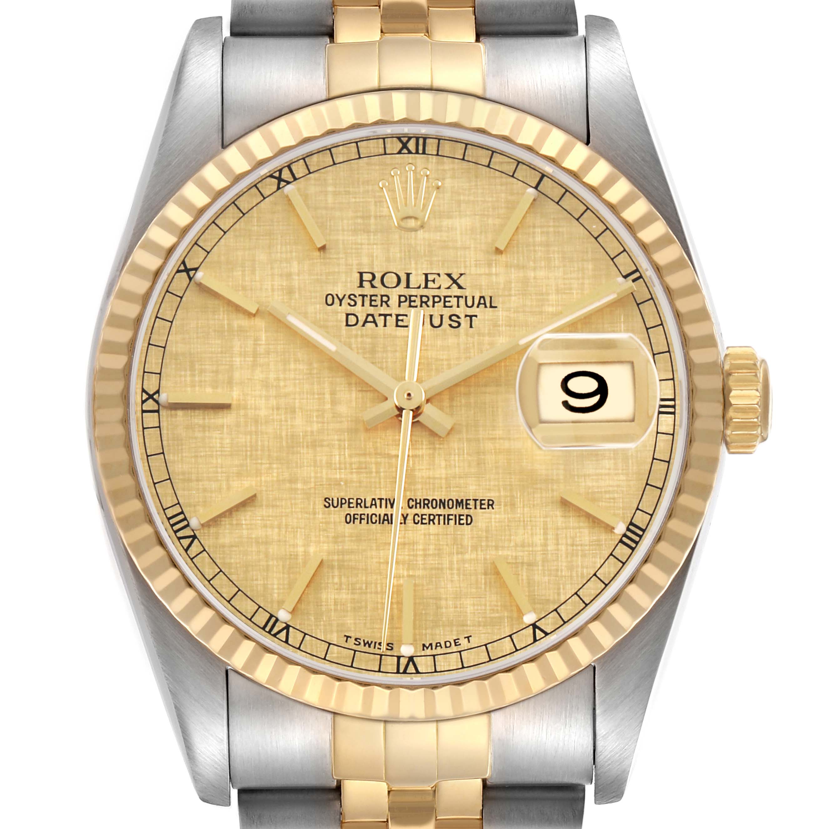 The image shows a Rolex Datejust 16233 Men's Stainless Steel Champagne Dial watch face-on, displaying the dial, hands, date, bezel, crown, and part of the bracelet.