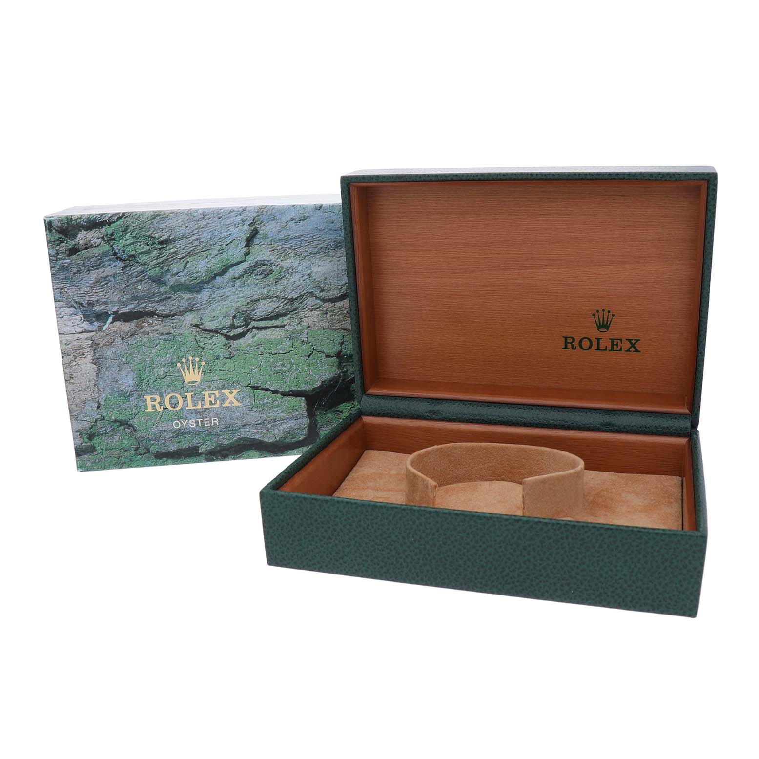 The image shows an open Rolex Datejust 16233 Men's Stainless Steel Champagne Dial box with a green textured exterior and a tan interior, displaying the Rolex logo.