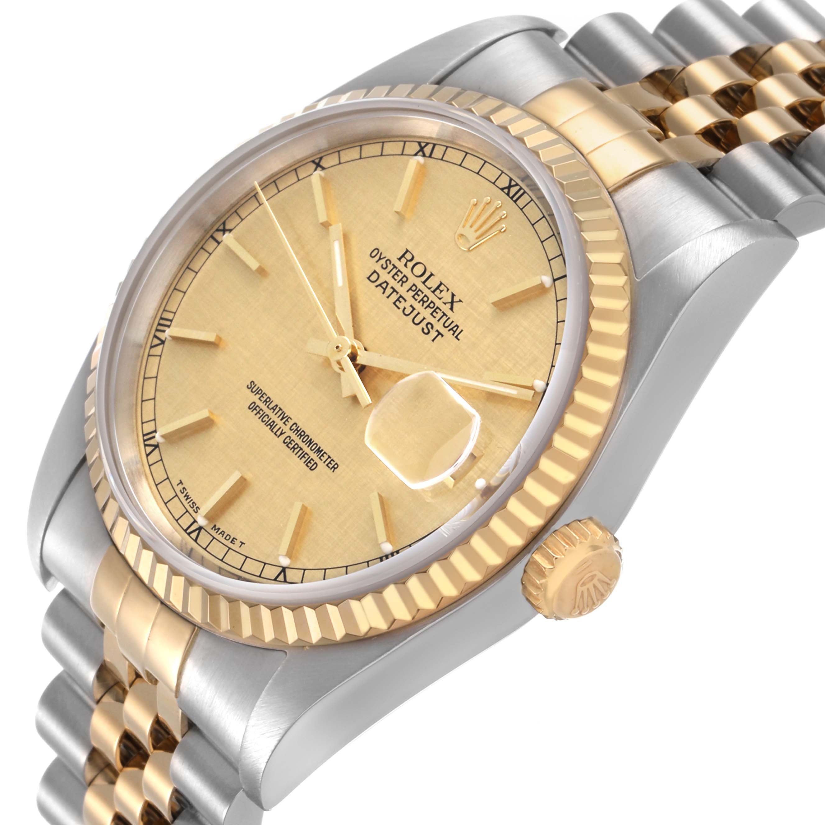 The Rolex Datejust 16233 Men's Stainless Steel Champagne Dial watch is shown at an angled view highlighting its dial, fluted bezel, crown, and Jubilee bracelet.