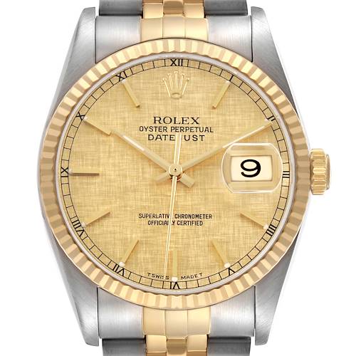 The Rolex Datejust 16233 Mens Stainless Steel Champagne Dial watch is shown from a front angle, highlighting its gold and silver bezel, dial, hands, and date window.