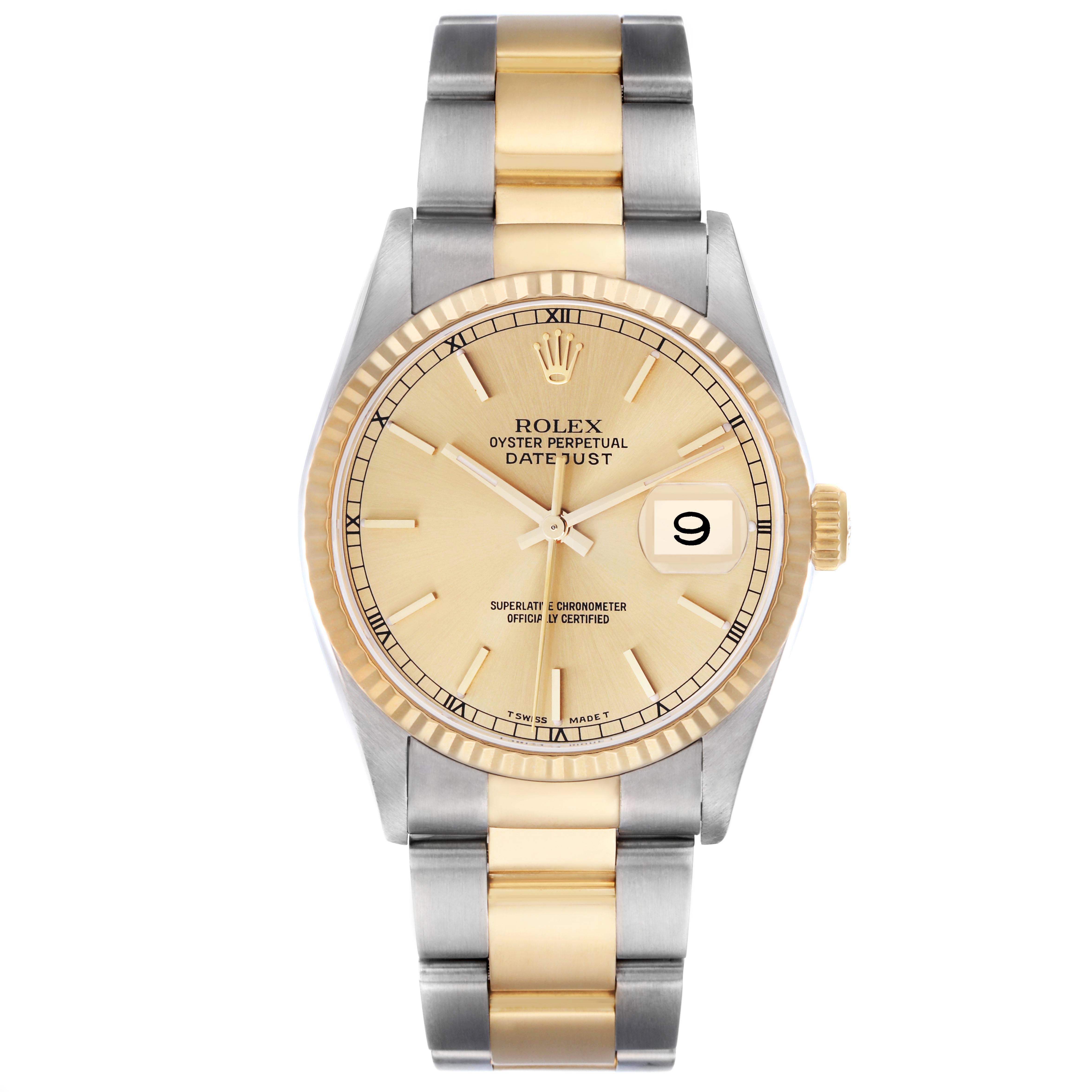 The Rolex Datejust 16233 Men's Steel and Gold (two tone) Champagne Dial 16233 Men's Steel and Gold (two tone) Champagne Dial watch is shown from a front view, displaying the dial, bezel, crown, and two-tone bracelet.