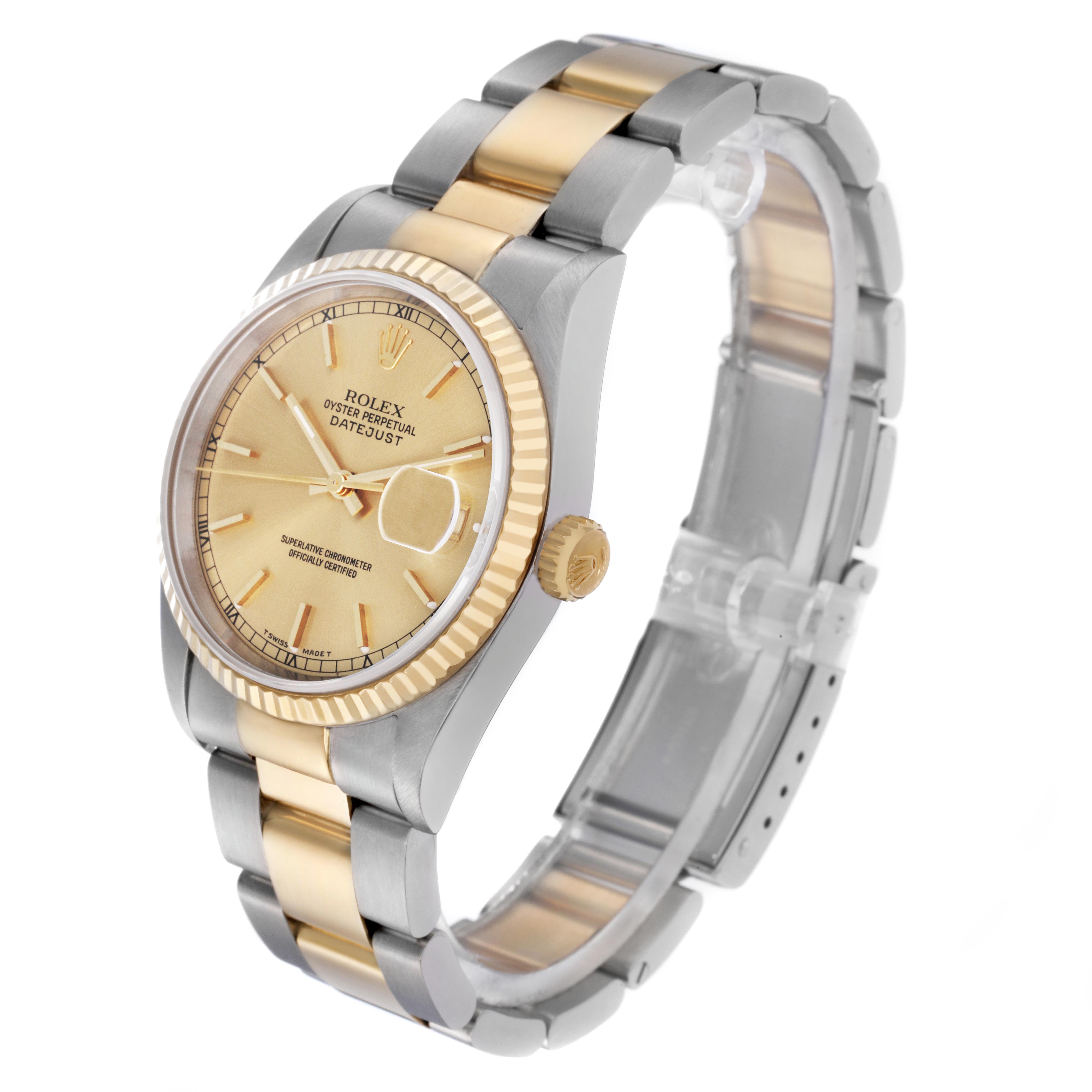 The Rolex Datejust 16233 Men's Steel and Gold (two tone) Champagne Dial 16233 Men's Steel and Gold (two tone) Champagne Dial watch is angled to display the face, bezel, crown, and part of the bracelet.
