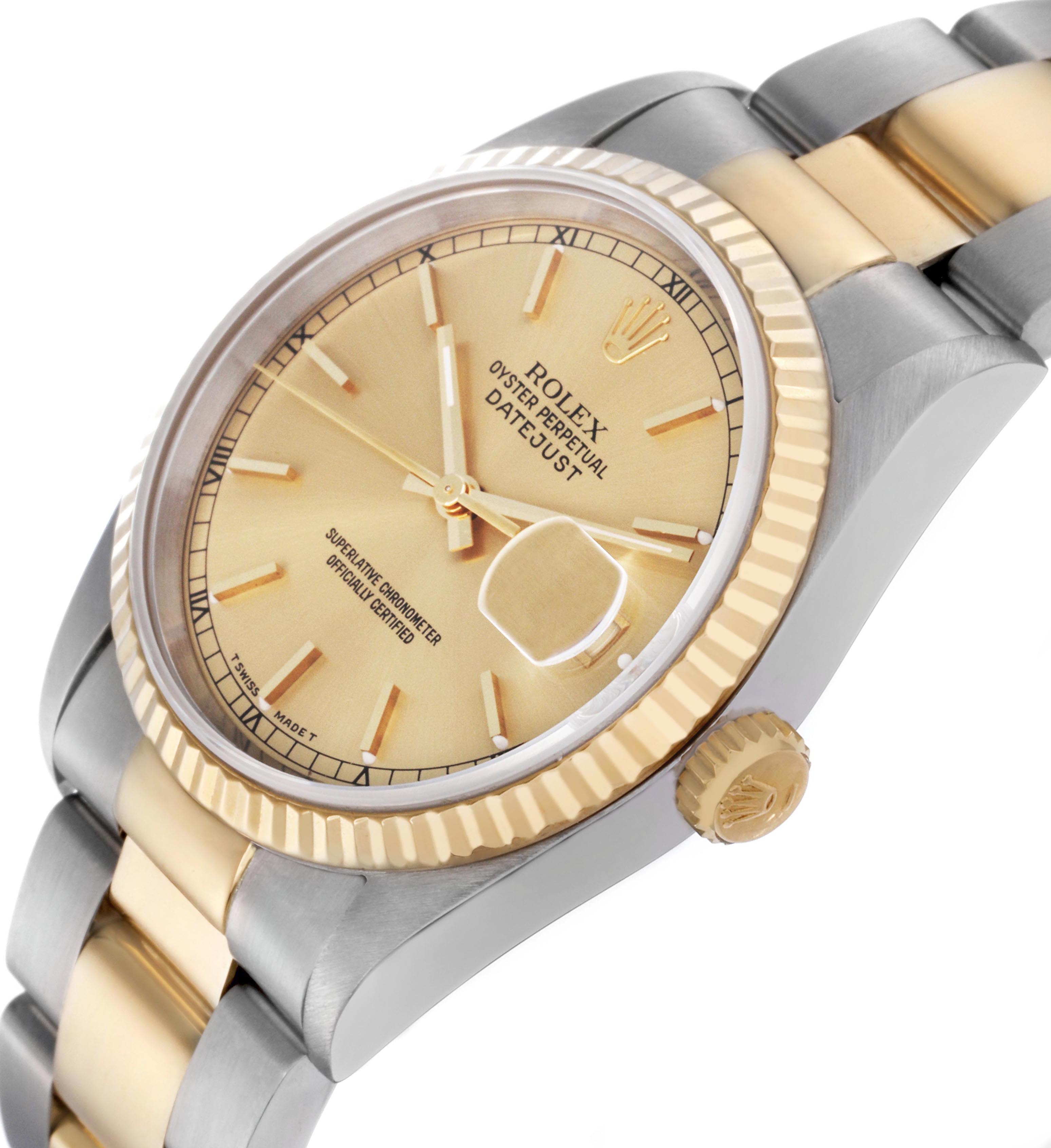 The Rolex Datejust 16233 Men's Steel and Gold (two tone) Champagne Dial 16233 Men's Steel and Gold (two tone) Champagne Dial is shown at an angle highlighting the dial, bezel, crown, and part of the bracelet.
