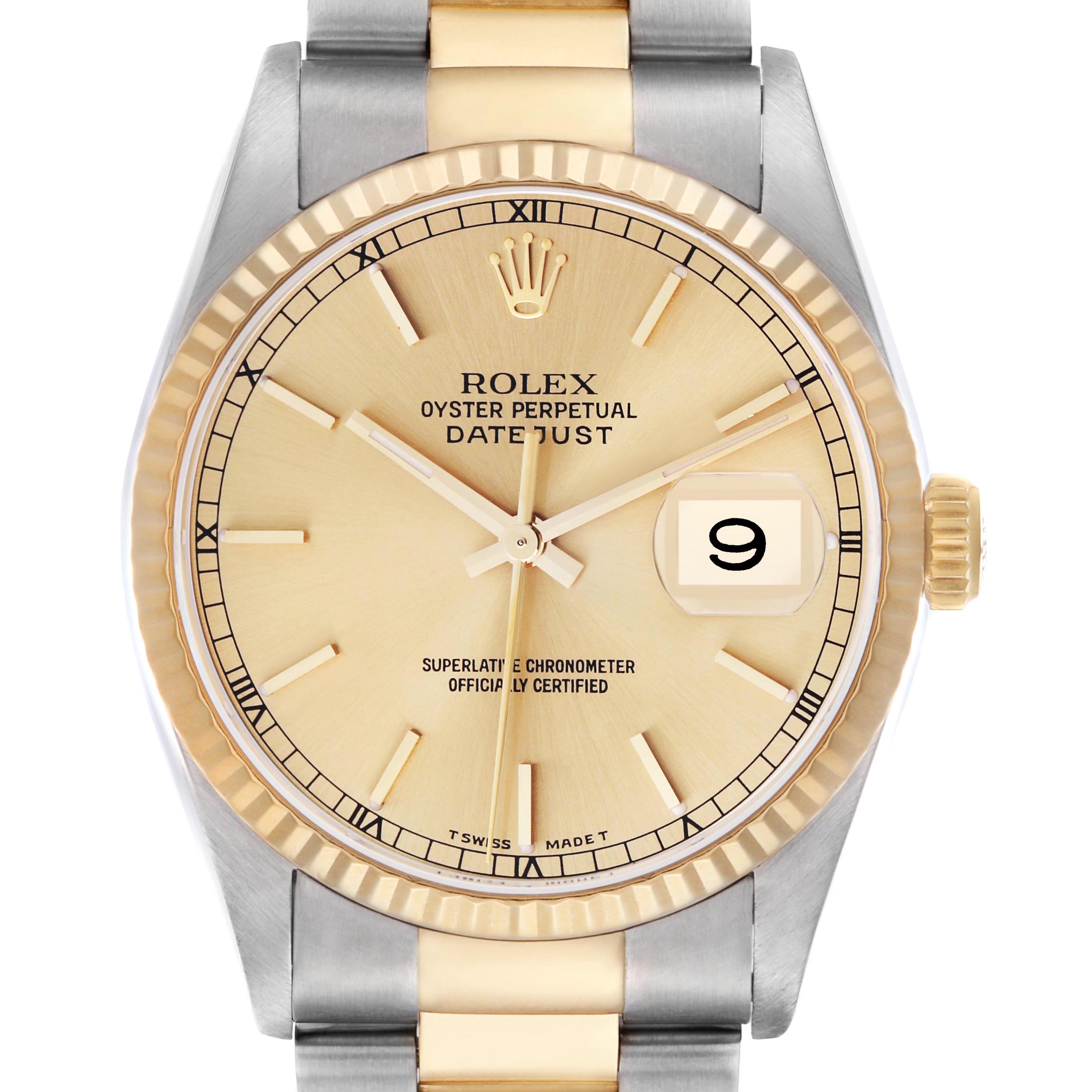 The image shows a front view of a Rolex Datejust 16233 Men's Steel and Gold (two tone) Champagne Dial 16233 Men's Steel and Gold (two tone) Champagne Dial watch, highlighting the dial, bezel, and part of the bracelet.