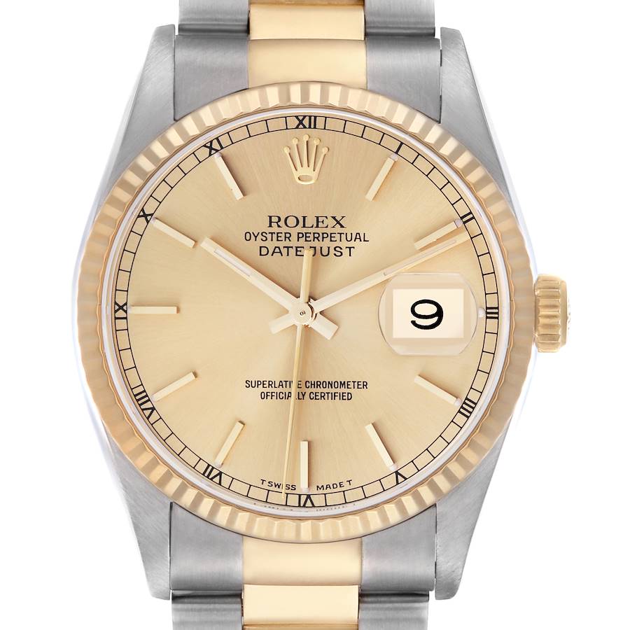 The Rolex Datejust is shown from a front angle displaying the dial, fluted bezel, crown, and part of the bracelet.