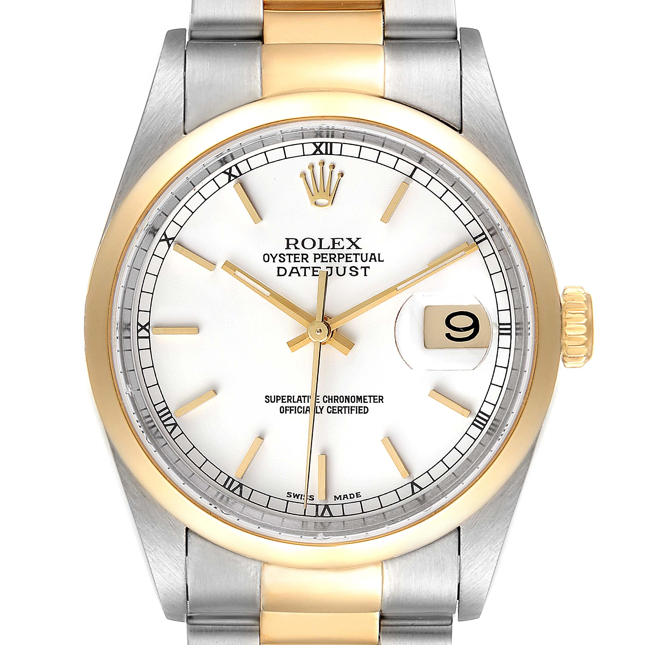 This is a front view of a Rolex Datejust 16203 Men's Steel and Gold (two tone) White Dial 16203 Men's Steel and Gold (two tone) White Dial watch, showing the dial, bezel, crown, and part of the bracelet.