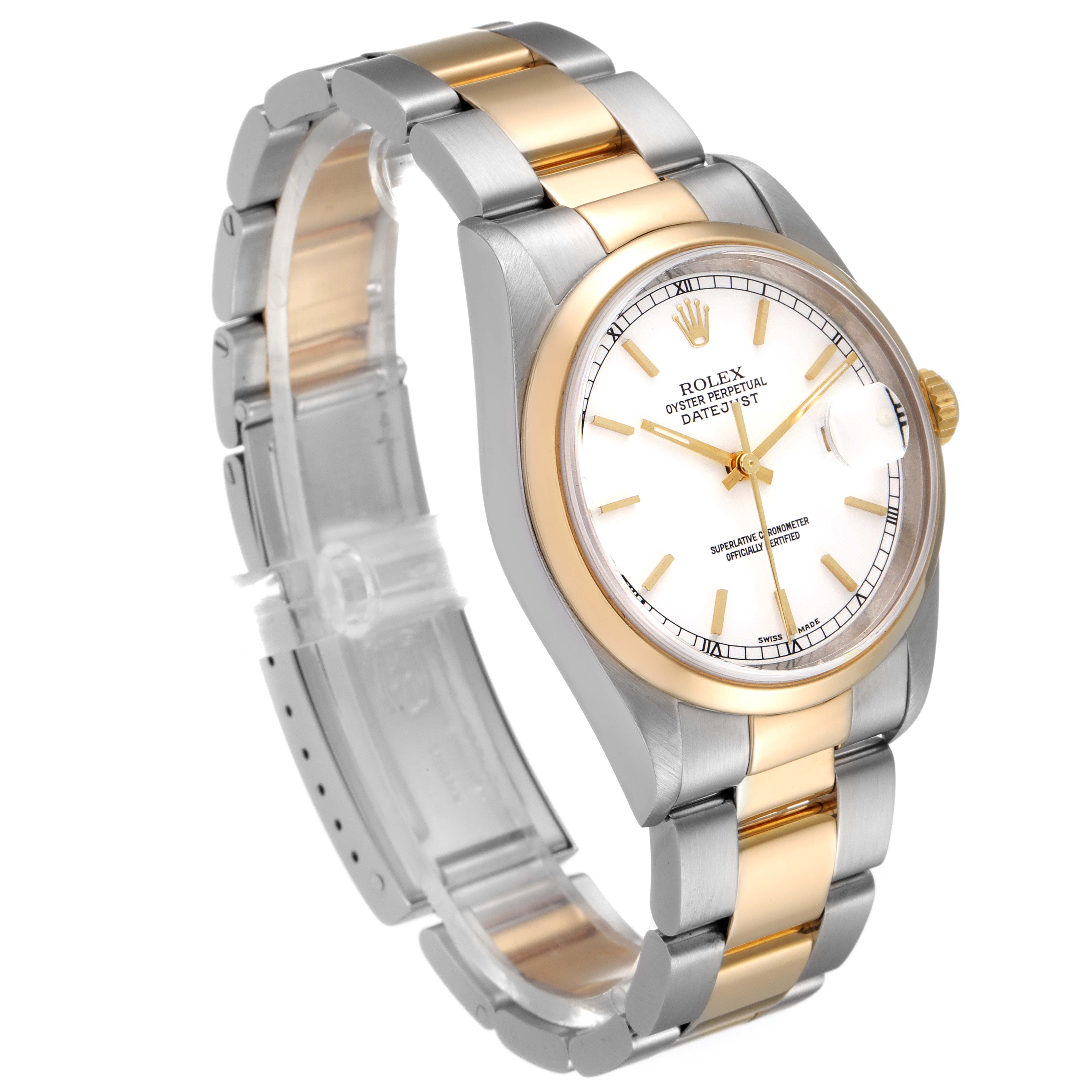 The image shows a Rolex Datejust 16203 Men's Steel and Gold (two tone) White Dial 16203 Men's Steel and Gold (two tone) White Dial watch at a slight angle, highlighting its two-tone metal bracelet, white dial, and gold accents.