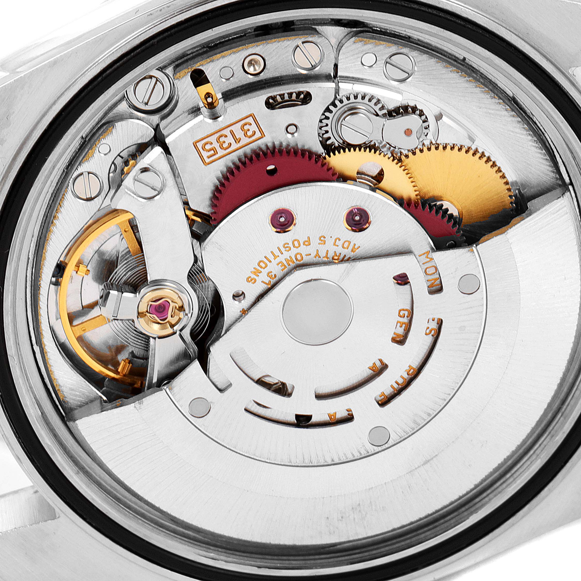 The image shows a close-up view of the Rolex Datejust 16203 Men's Steel and Gold (two tone) White Dial 16203 Men's Steel and Gold (two tone) White Dial watch movement, highlighting intricate gears and mechanisms.