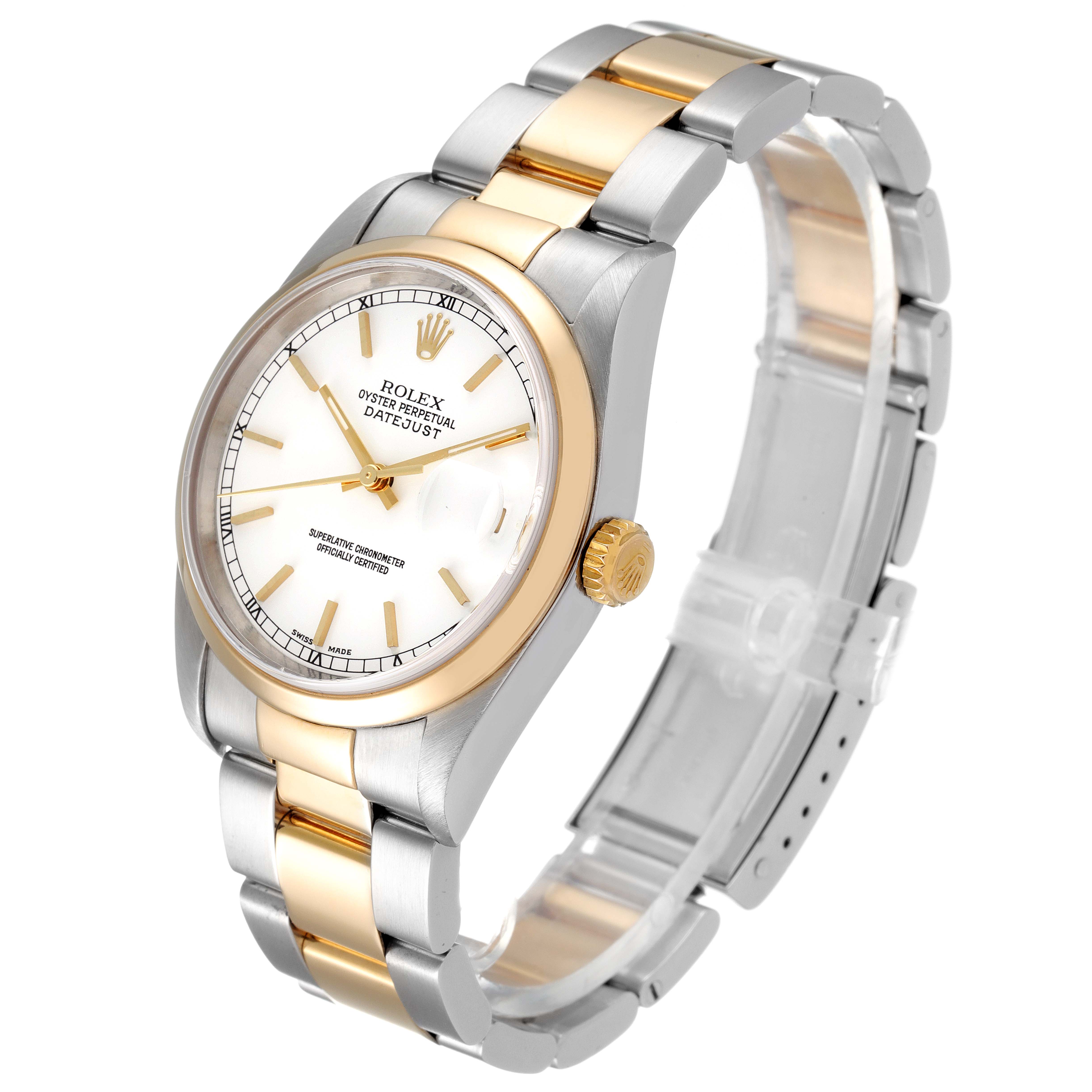 This Rolex Datejust 16203 Men's Steel and Gold (two tone) White Dial 16203 Men's Steel and Gold (two tone) White Dial watch is shown from a front angle highlighting its dial, bezel, crown, and two-tone bracelet.