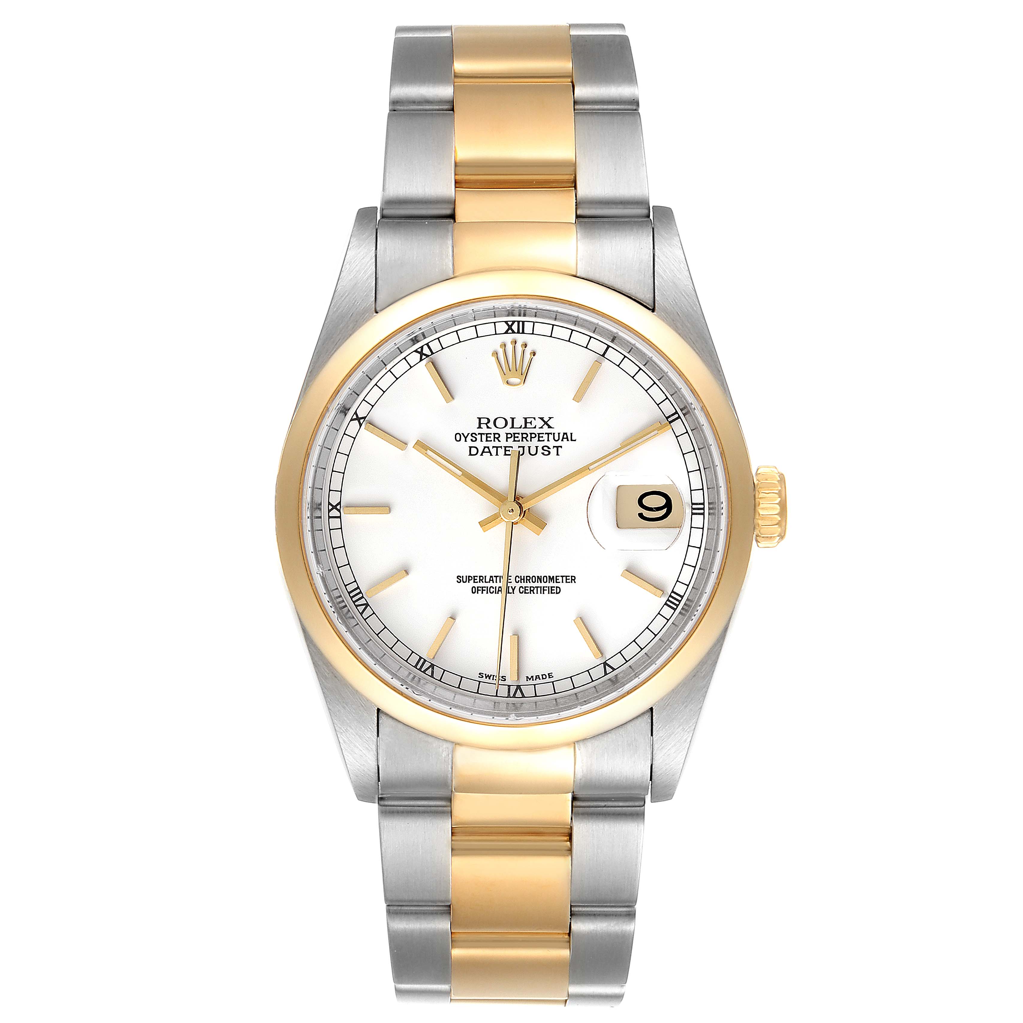 This image shows a front view of a Rolex Datejust 16203 Men's Steel and Gold (two tone) White Dial 16203 Men's Steel and Gold (two tone) White Dial watch featuring a two-tone bracelet and white dial with a date display at the 3 o'clock position.