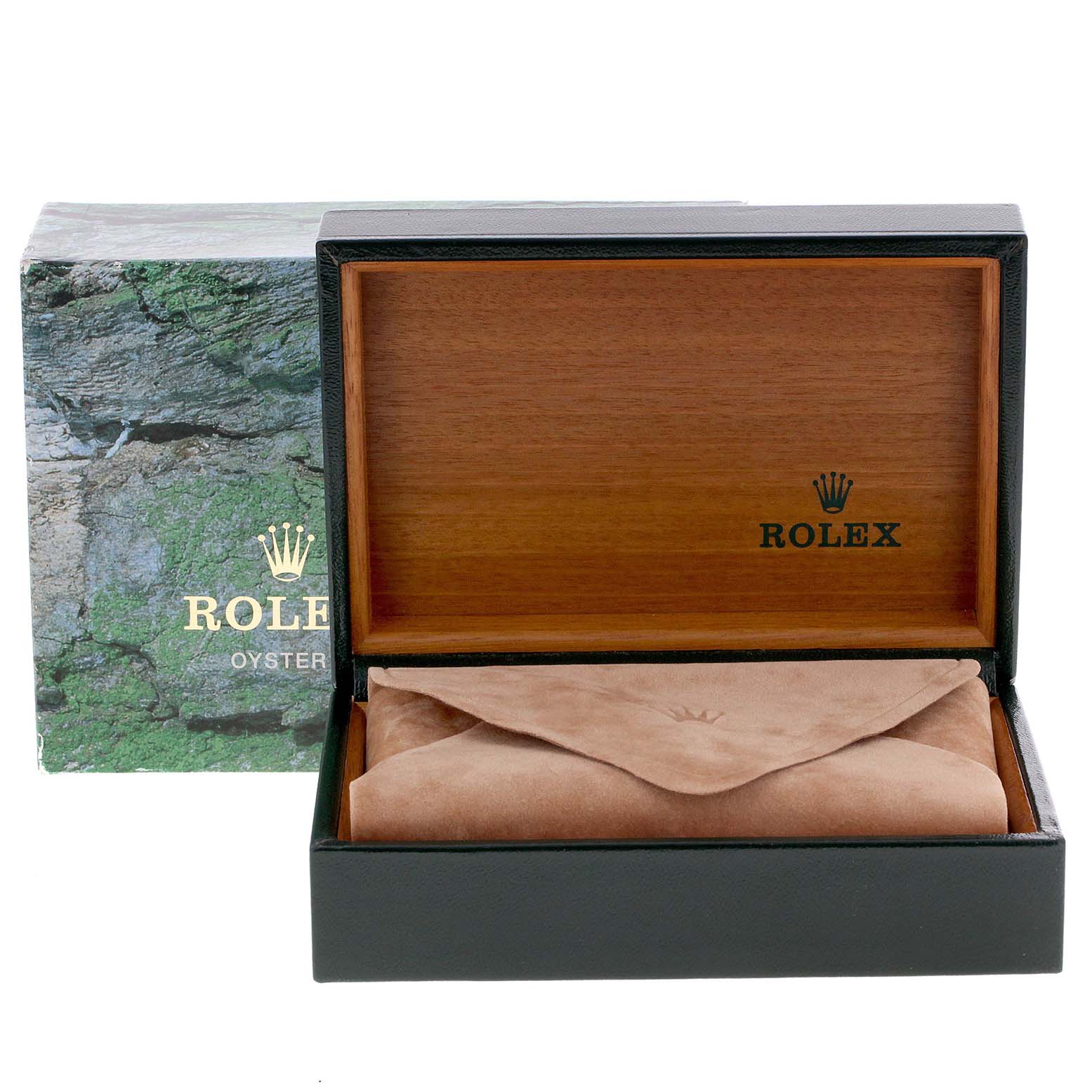 The image shows an open Rolex Datejust 16203 Men's Steel and Gold (two tone) White Dial 16203 Men's Steel and Gold (two tone) White Dial watch box with an enclosed suede pouch, seen from a front angle.