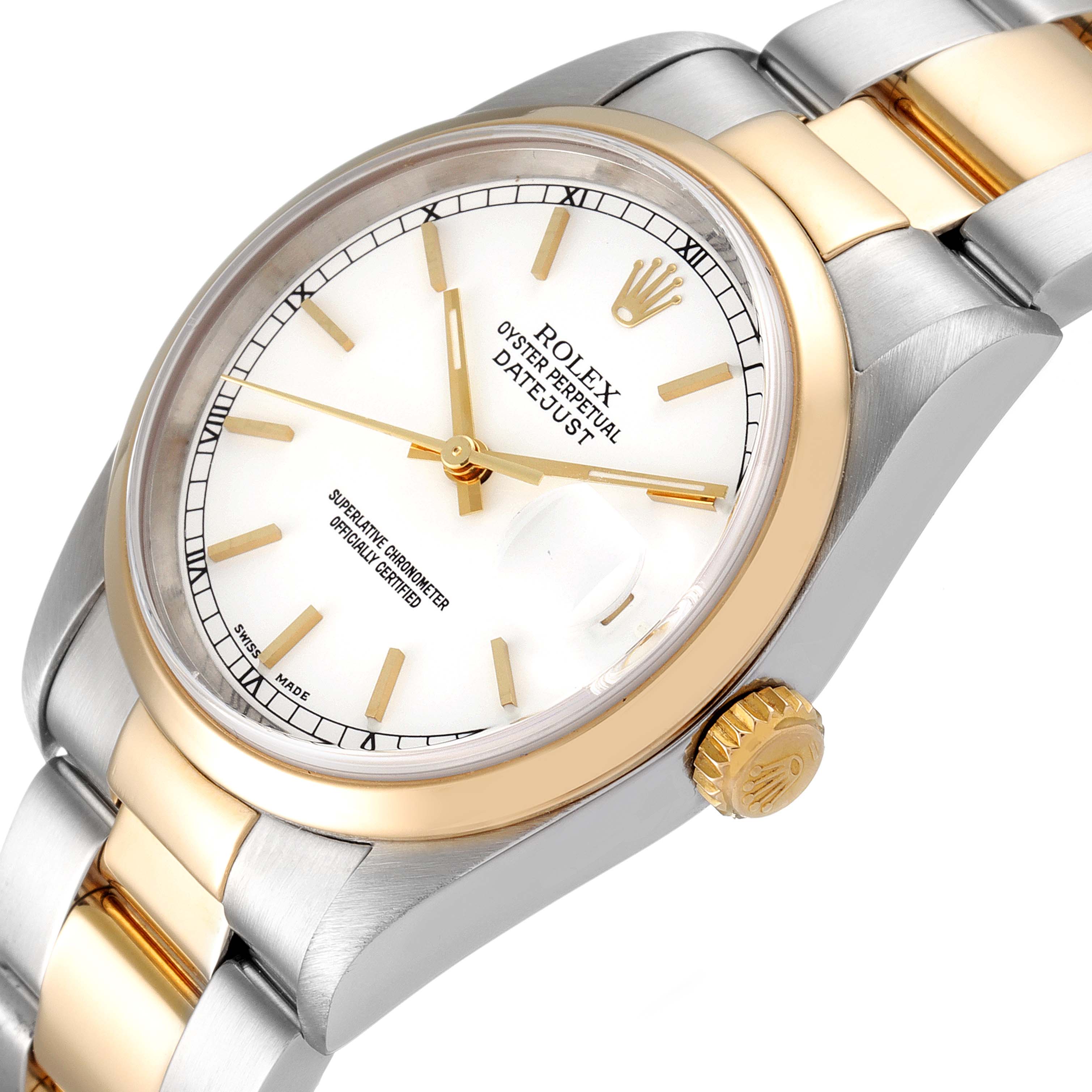 The image shows a close-up angle of the Rolex Datejust 16203 Men's Steel and Gold (two tone) White Dial 16203 Men's Steel and Gold (two tone) White Dial model, displaying the face, bezel, and part of the bracelet and crown.