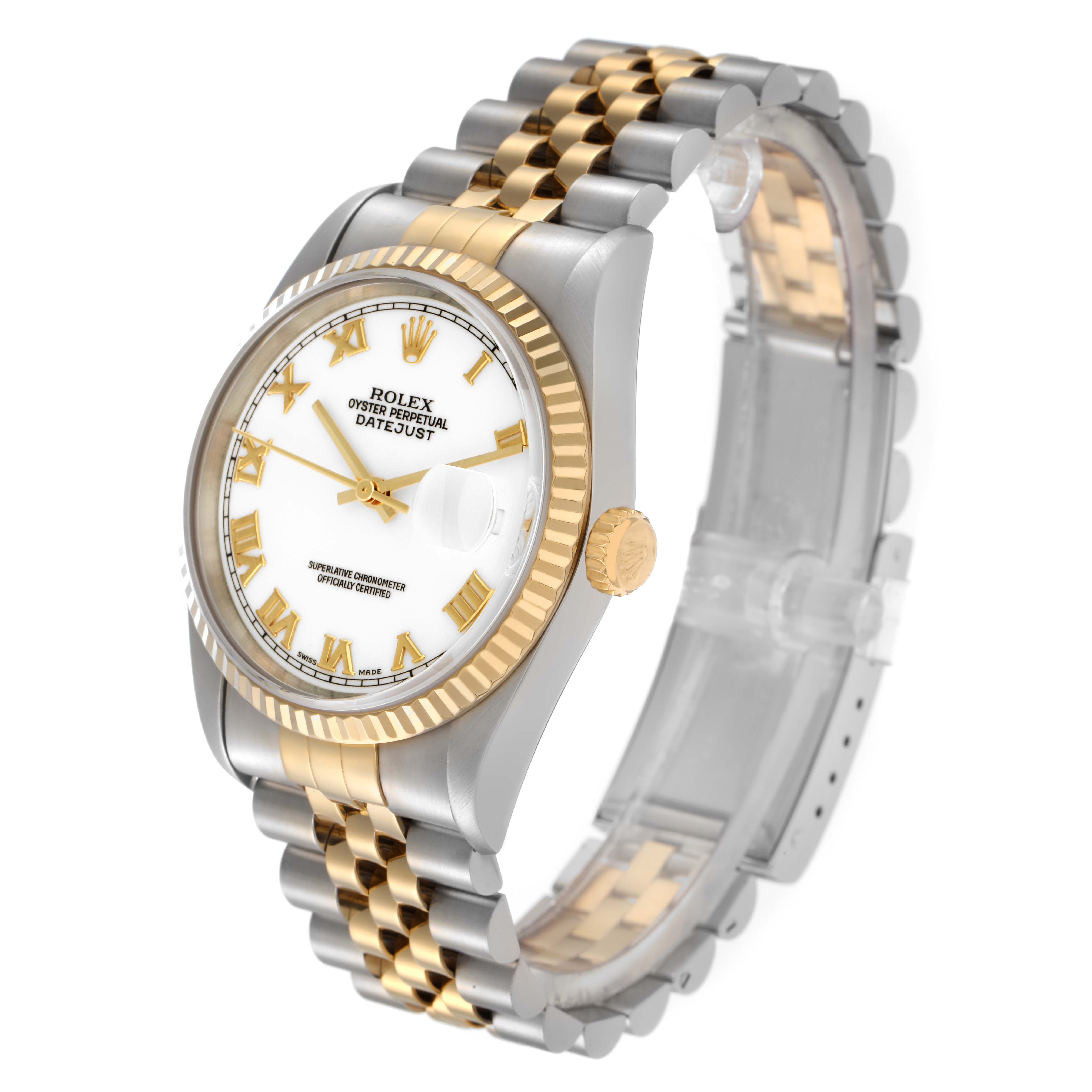 The Rolex Datejust 16233 Men
s Steel and Gold (two tone) White Dial 16233 Men
s Steel and Gold (two tone) White Dial watch is shown at a slight angle, highlighting its fluted bezel, crown, and Jubilee bracelet.