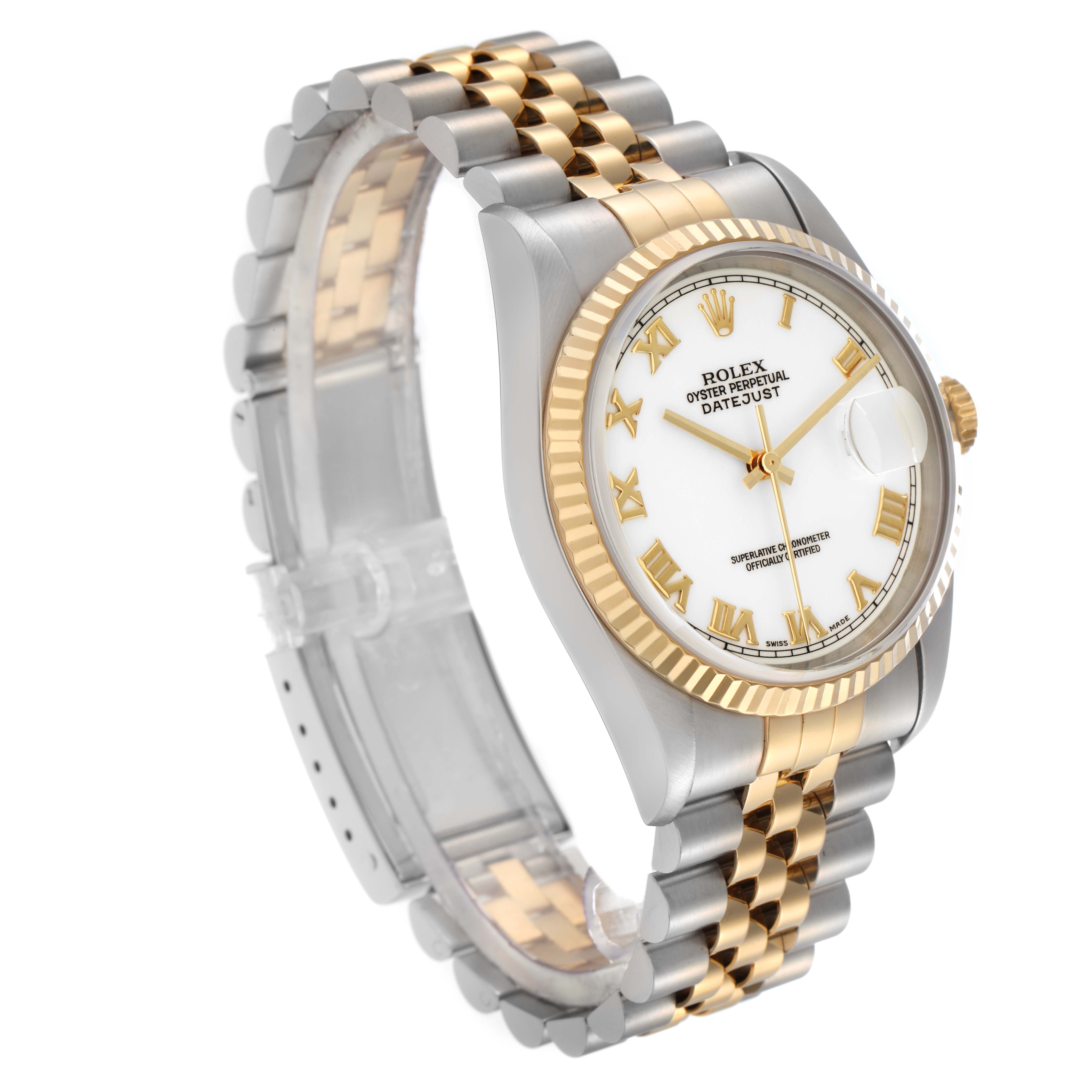 The Rolex Datejust 16233 Men
s Steel and Gold (two tone) White Dial 16233 Men
s Steel and Gold (two tone) White Dial watch is shown at a three-quarter angle, highlighting the bezel, dial, and Jubilee bracelet.