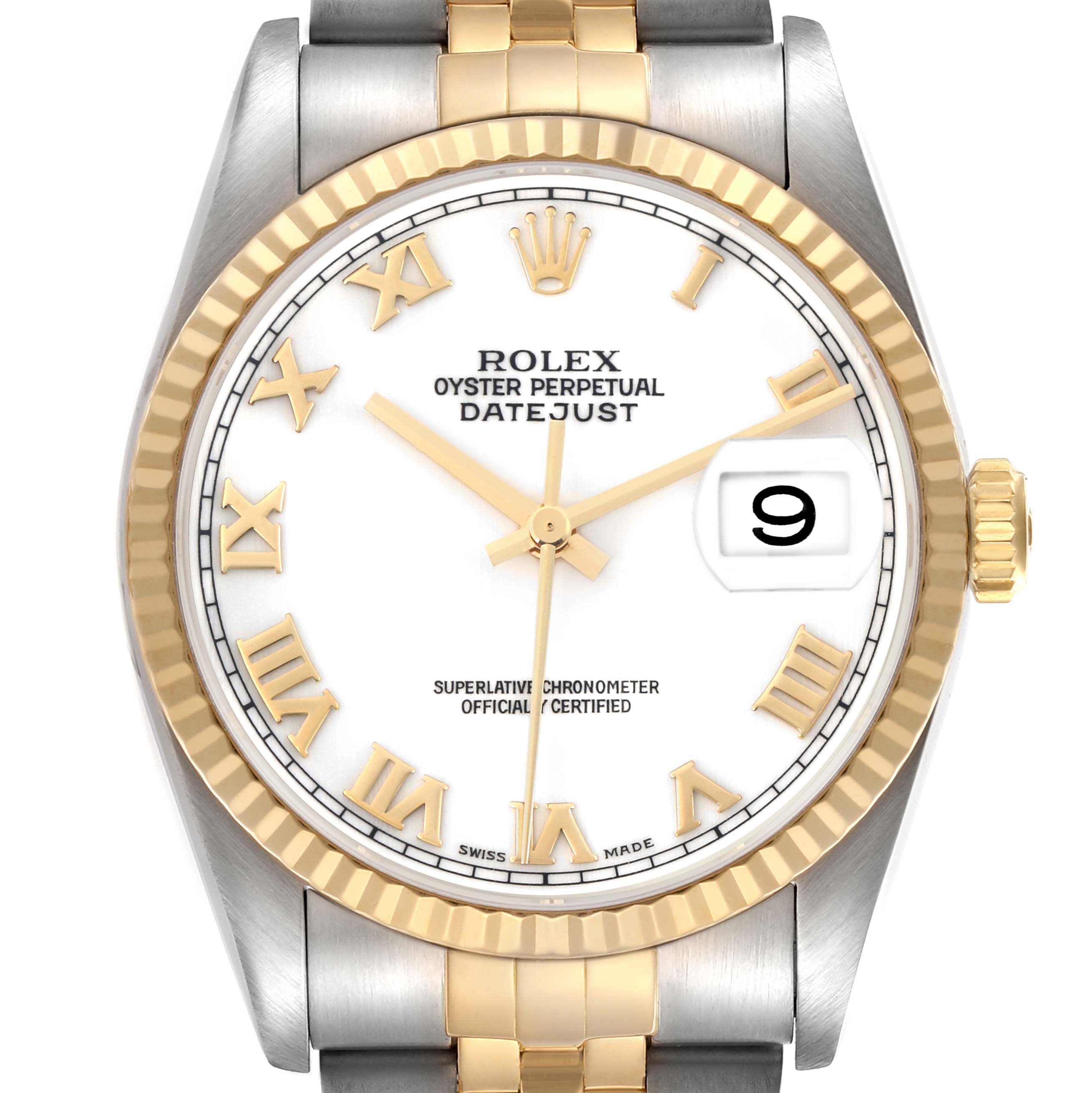 The Rolex Datejust 16233 Men
s Steel and Gold (two tone) White Dial 16233 Men
s Steel and Gold (two tone) White Dial watch is shown from the front, displaying the dial, bezel, crown, and part of the bracelet.