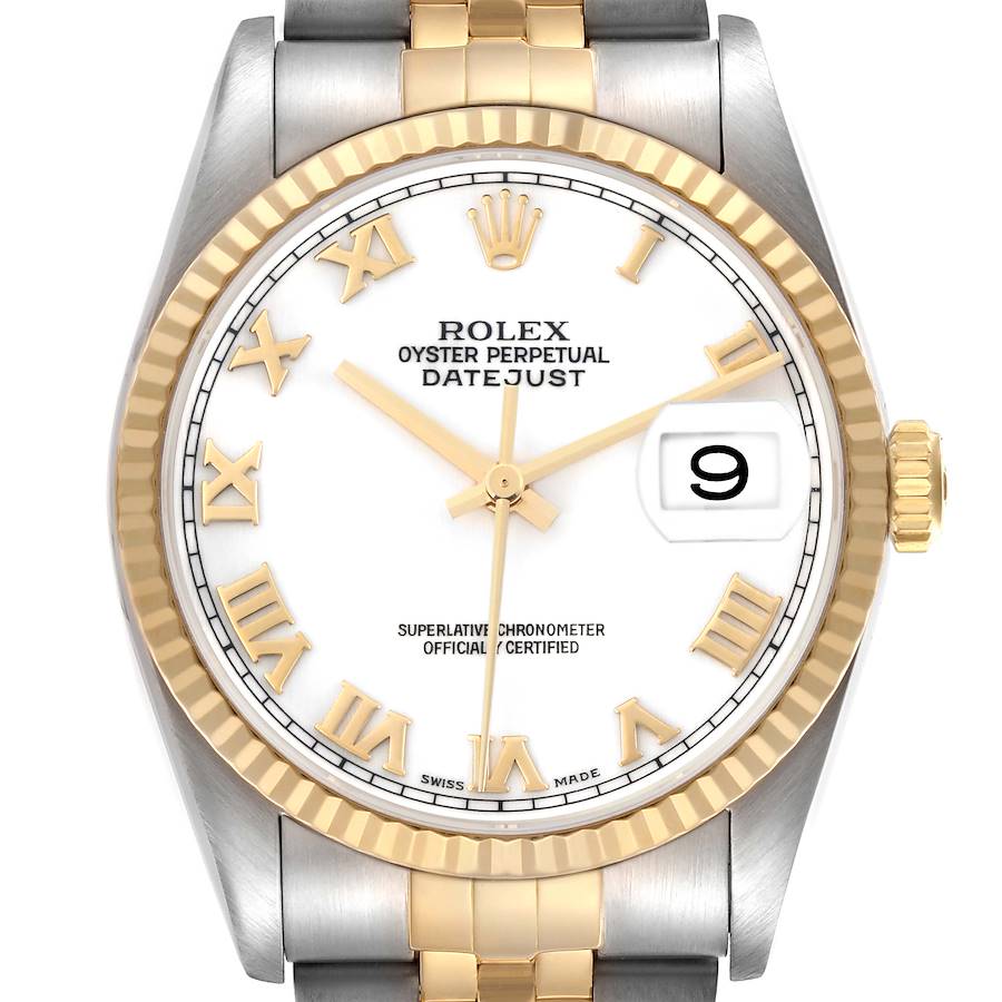 The Rolex Datejust watch is shown from the front, displaying the dial, bezel, crown, and part of the bracelet.