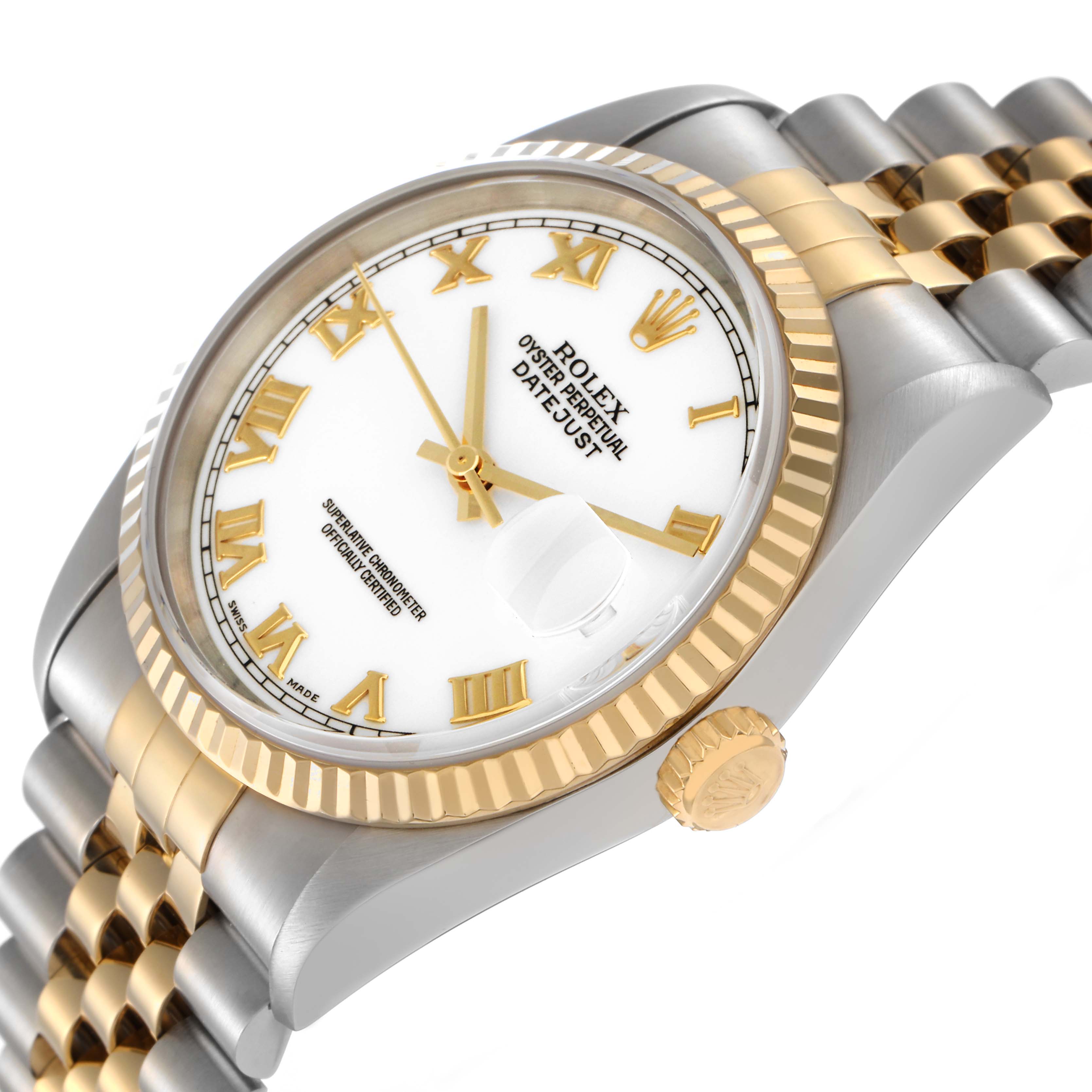 The Rolex Datejust 16233 Men
s Steel and Gold (two tone) White Dial 16233 Men
s Steel and Gold (two tone) White Dial watch is shown at a slight angle, highlighting the dial, fluted bezel, and part of the two-tone bracelet.