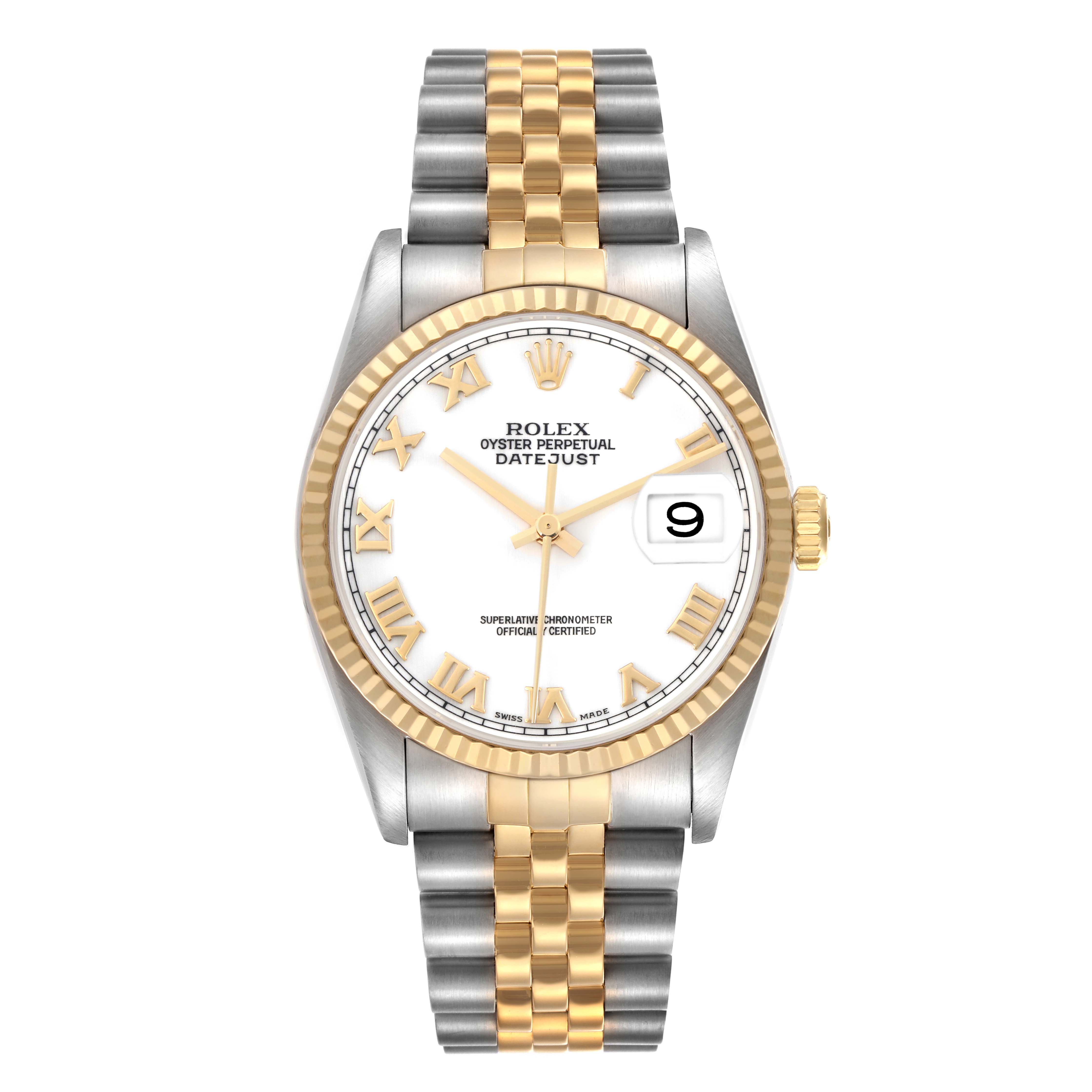 The Rolex Datejust 16233 Men
s Steel and Gold (two tone) White Dial 16233 Men
s Steel and Gold (two tone) White Dial watch is shown from the front, highlighting the dial, gold bezel, two-tone bracelet, and date display.