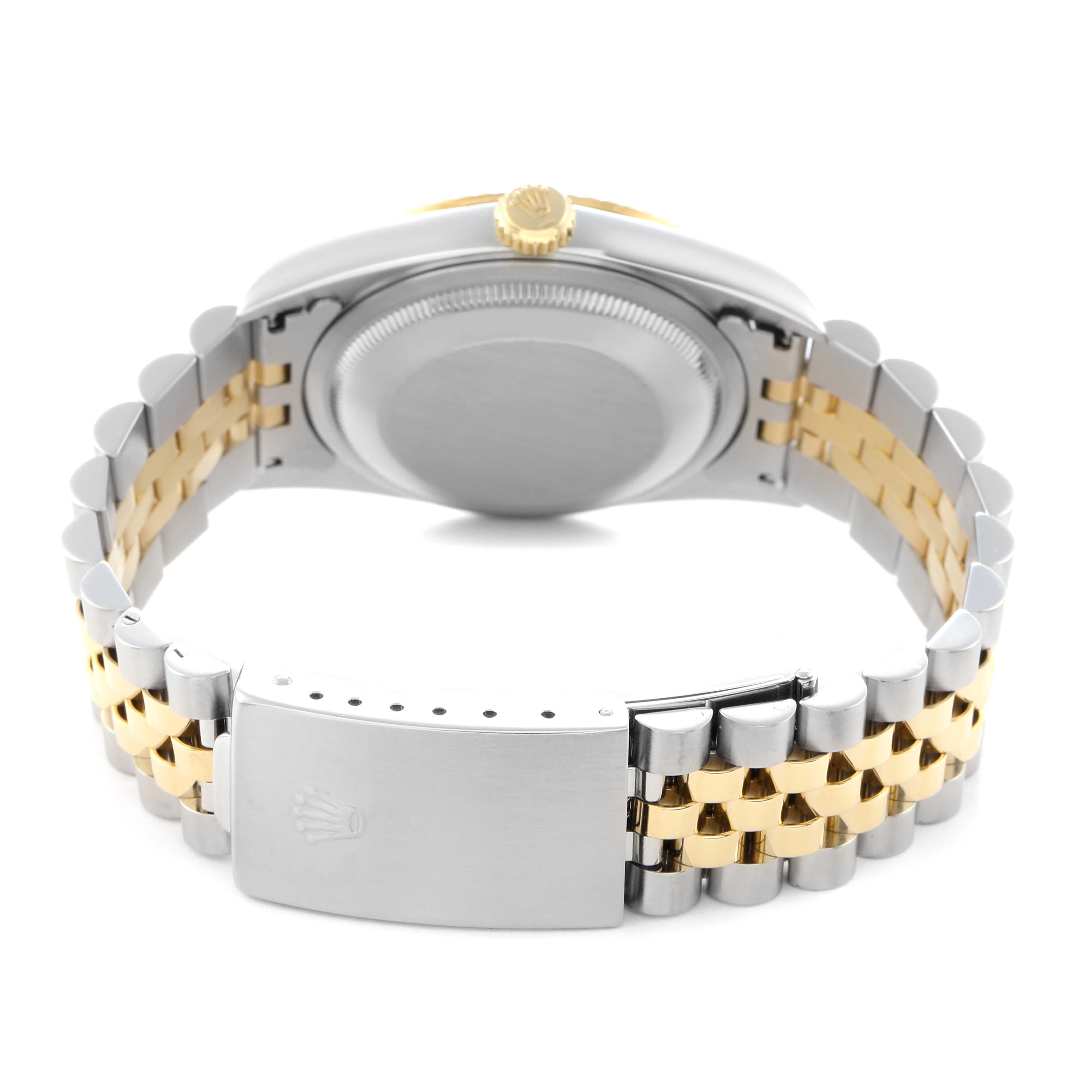 The Rolex Datejust 16233 Men
s Steel and Gold (two tone) White Dial 16233 Men
s Steel and Gold (two tone) White Dial watch is shown from the rear, highlighting the case back, crown, and two-tone Jubilee bracelet.
