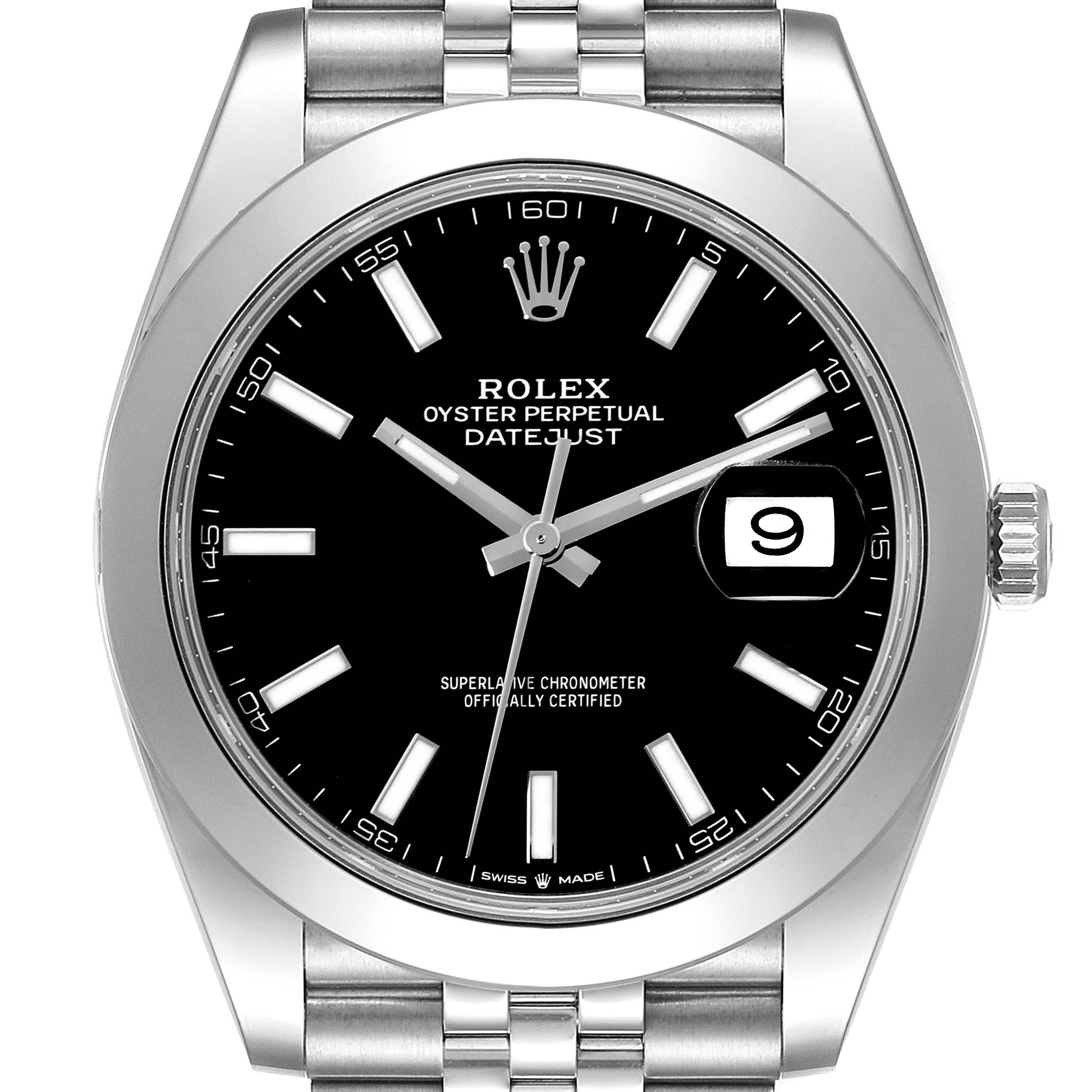 This image shows a frontal view of the Rolex Datejust 41 126300 Men's Stainless Steel Black Dial 126300 Men's Stainless Steel Black Dial, featuring the watch face, bezel, crown, and part of the bracelet.