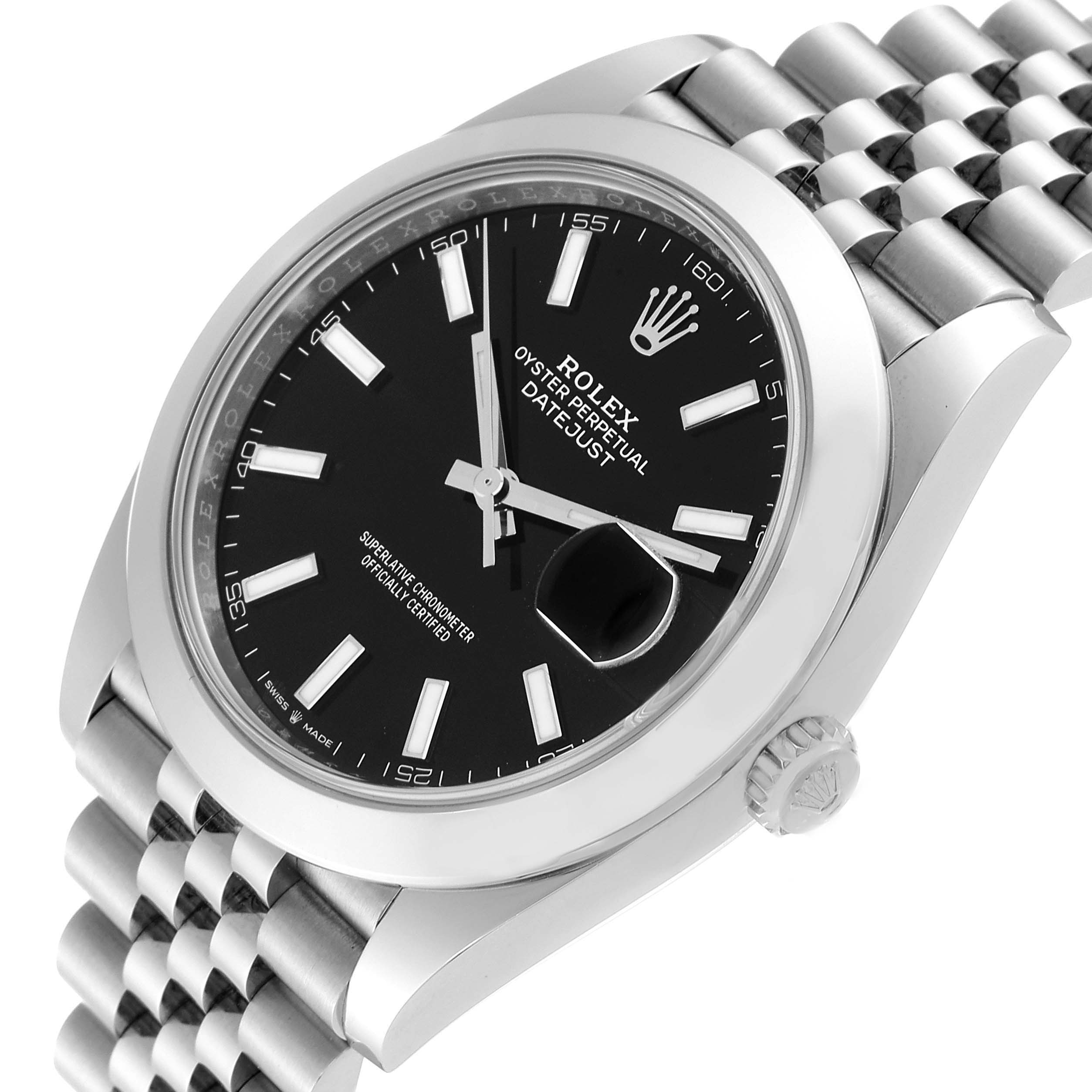 This image shows a close-up angle of the Rolex Datejust 41 126300 Men's Stainless Steel Black Dial 126300 Men's Stainless Steel Black Dial, highlighting its black dial, bezel, and Jubilee bracelet.