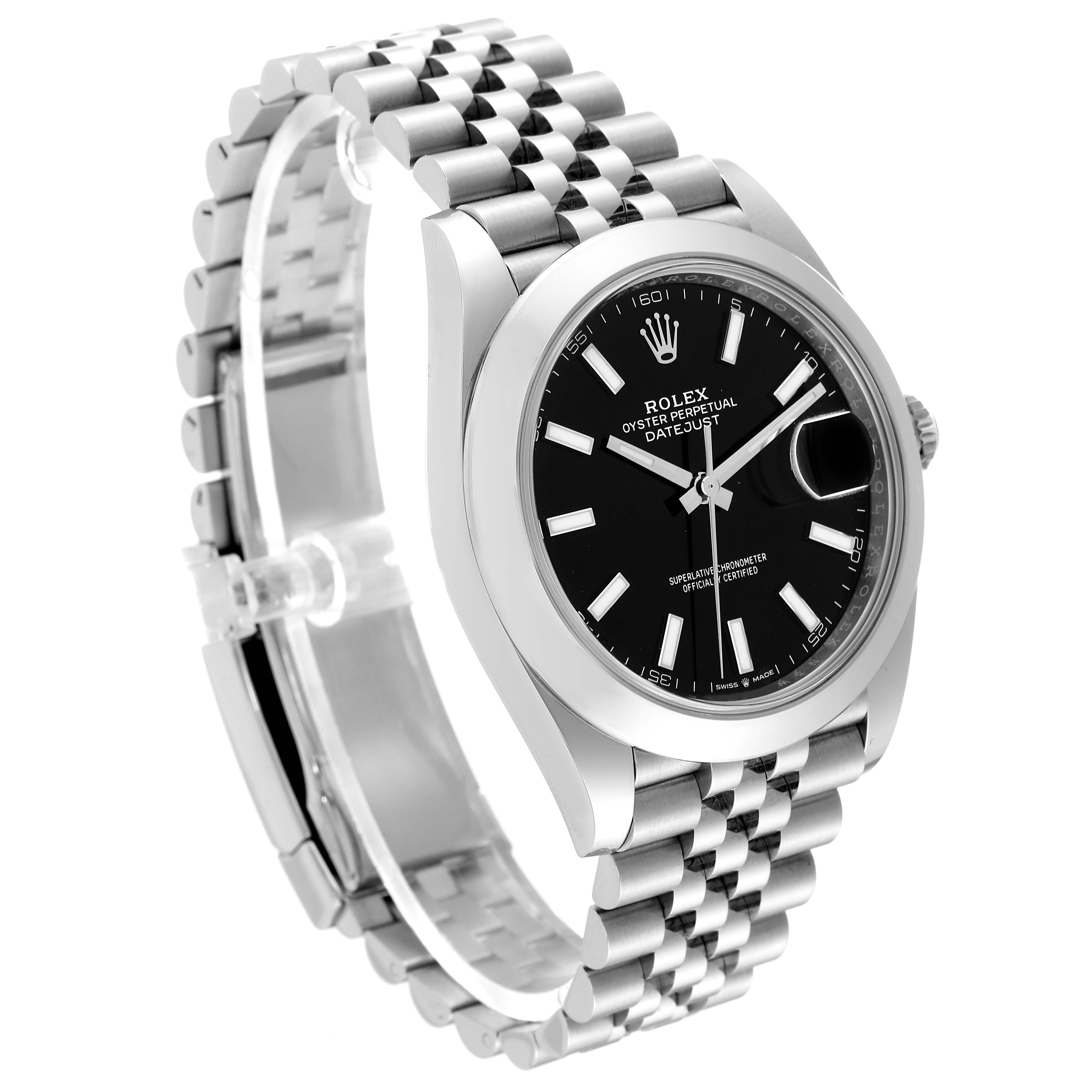The image shows a Rolex Datejust 41 126300 Men's Stainless Steel Black Dial 126300 Men's Stainless Steel Black Dial model watch from a slight right angle, highlighting the dial, bezel, and bracelet.