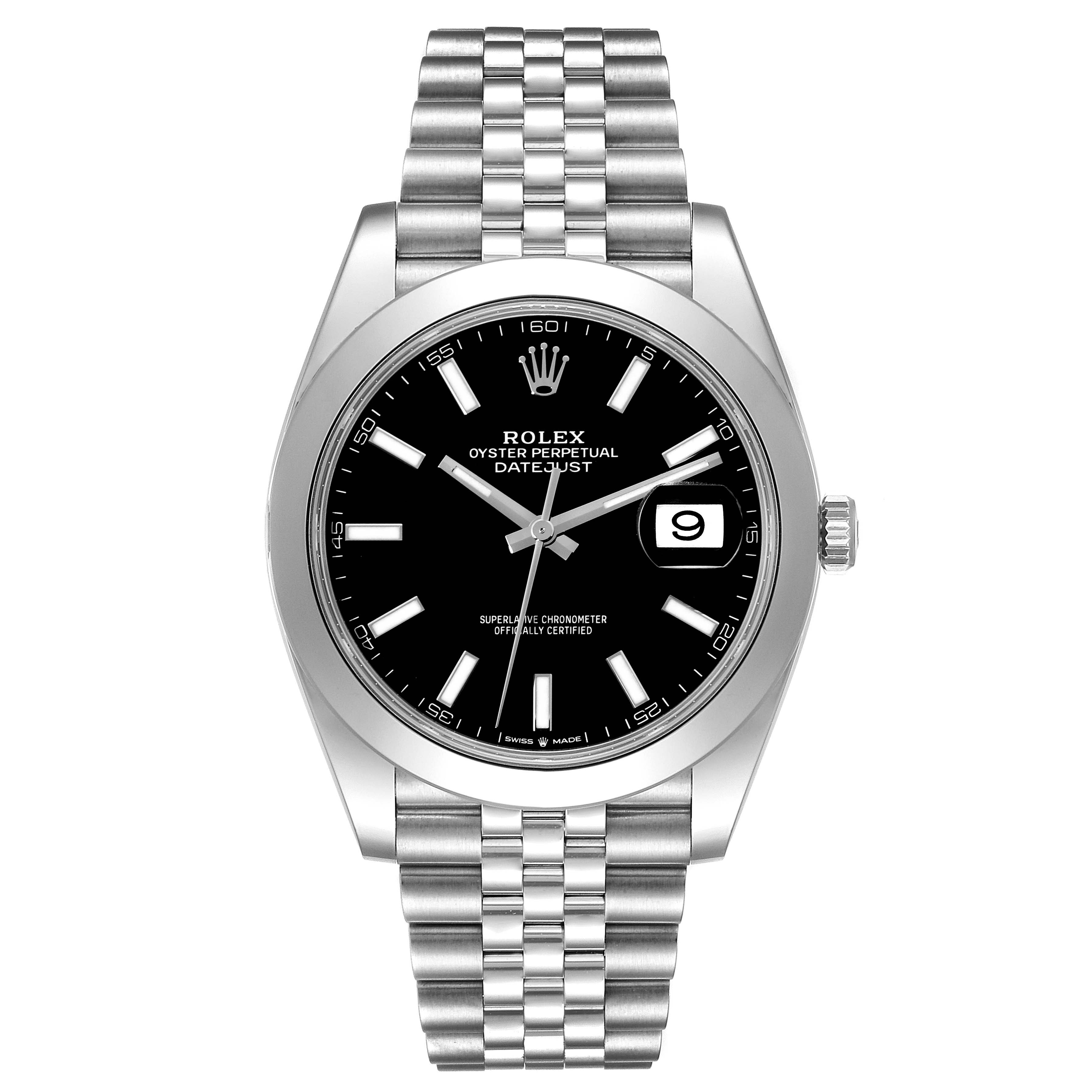 The image shows a Rolex Datejust 41 126300 Men's Stainless Steel Black Dial 126300 Men's Stainless Steel Black Dial watch from a front angle displaying the face, bezel, and bracelet.