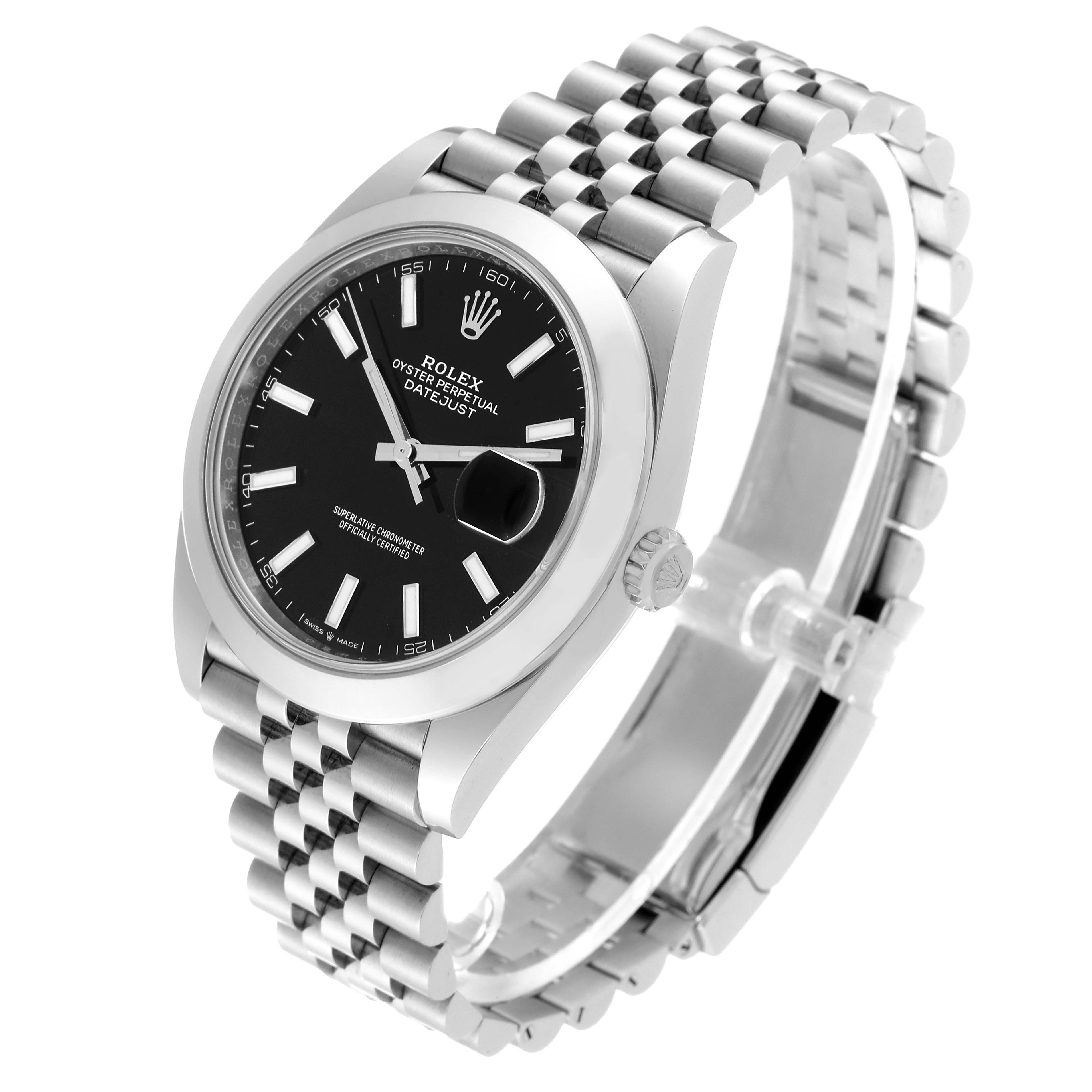This image shows a Rolex Datejust 41 126300 Men's Stainless Steel Black Dial 126300 Men's Stainless Steel Black Dial watch at a three-quarter angle, displaying its black dial, jubilee bracelet, and cyclops date window.
