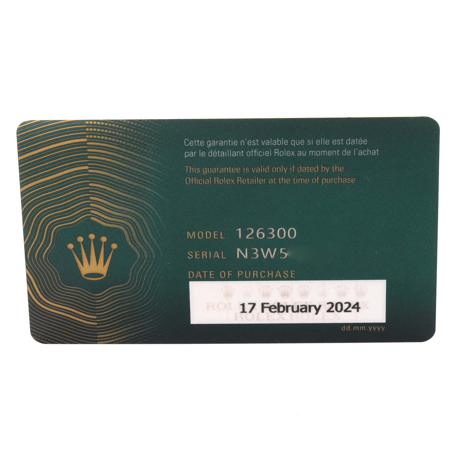 The image shows a warranty card for the Rolex Datejust 41 126300 Men's Stainless Steel Black Dial 126300 Men's Stainless Steel Black Dial model, with model number 126300 and serial number N3W5.