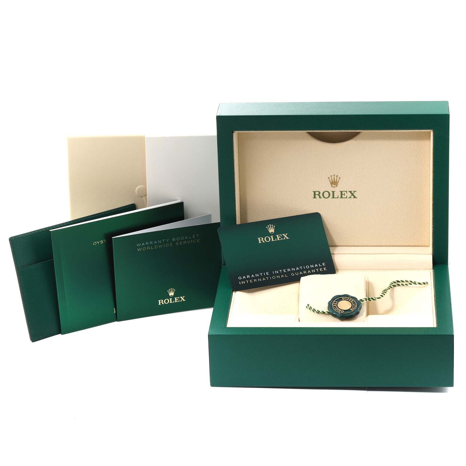 The image shows the open box and warranty materials for a Rolex Datejust 41 126300 Men's Stainless Steel Black Dial 126300 Men's Stainless Steel Black Dial model.