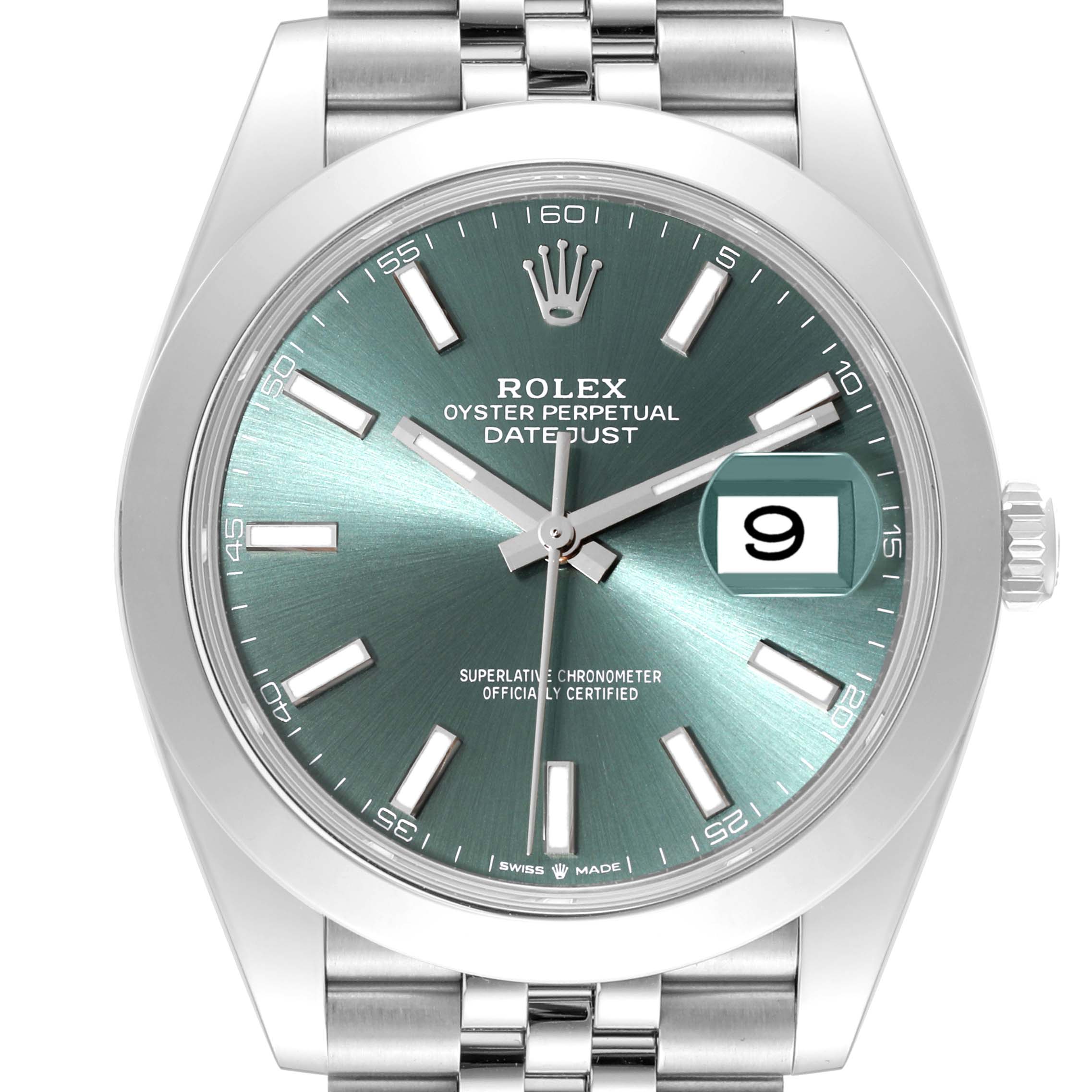 This image shows a Rolex Datejust 41 126300 Men
s Stainless Steel Green Dial 126300 Men
s Stainless Steel Green Dial watch from a frontal angle, highlighting the green dial, date window, and bracelet.