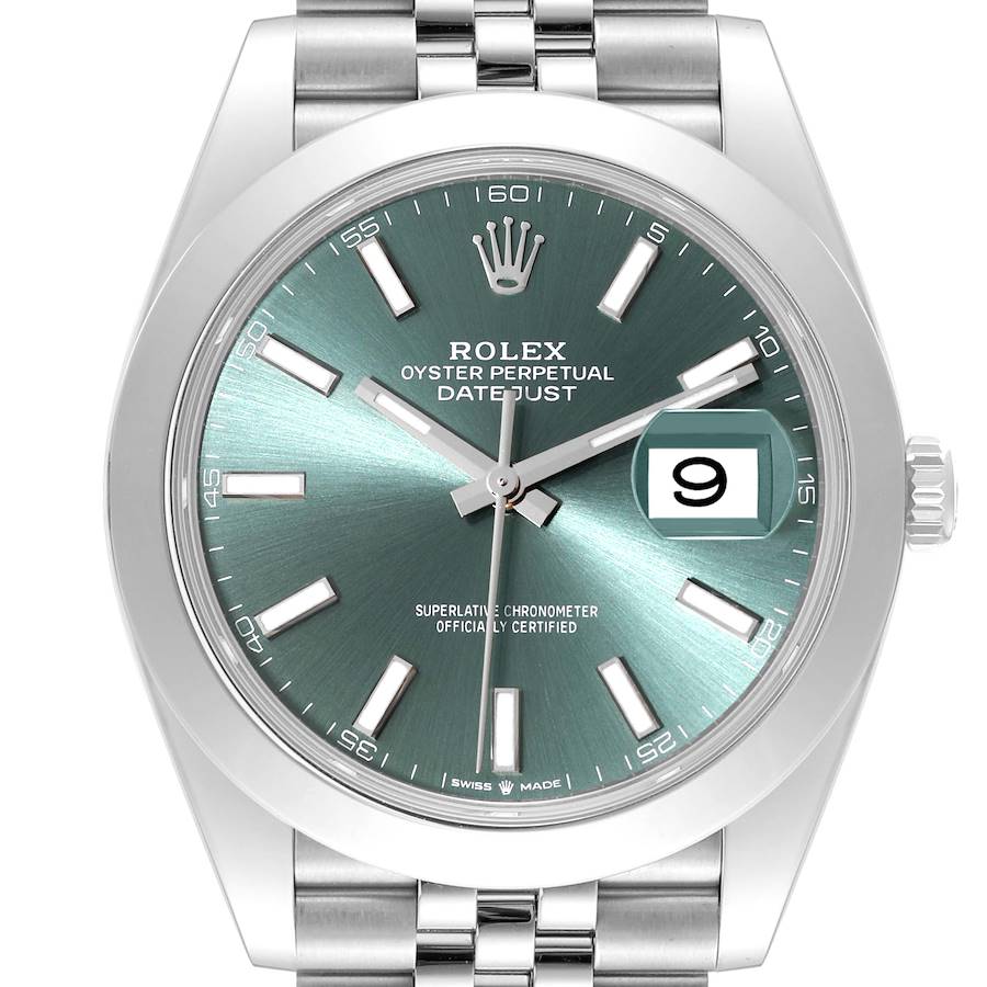 This image shows a Rolex Datejust 41 watch from a frontal angle, highlighting the green dial, date window, and bracelet.