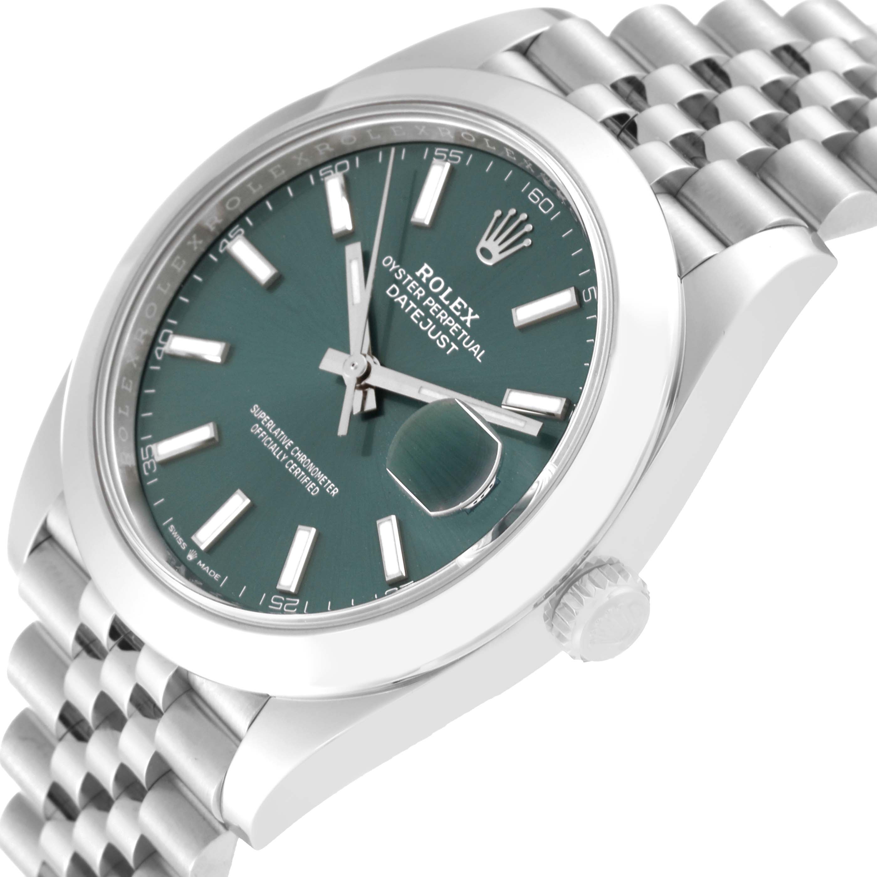 The image shows a close-up side view of the Rolex Datejust 41 126300 Men
s Stainless Steel Green Dial 126300 Men
s Stainless Steel Green Dial, focusing on its face, bezel, and part of the bracelet.
