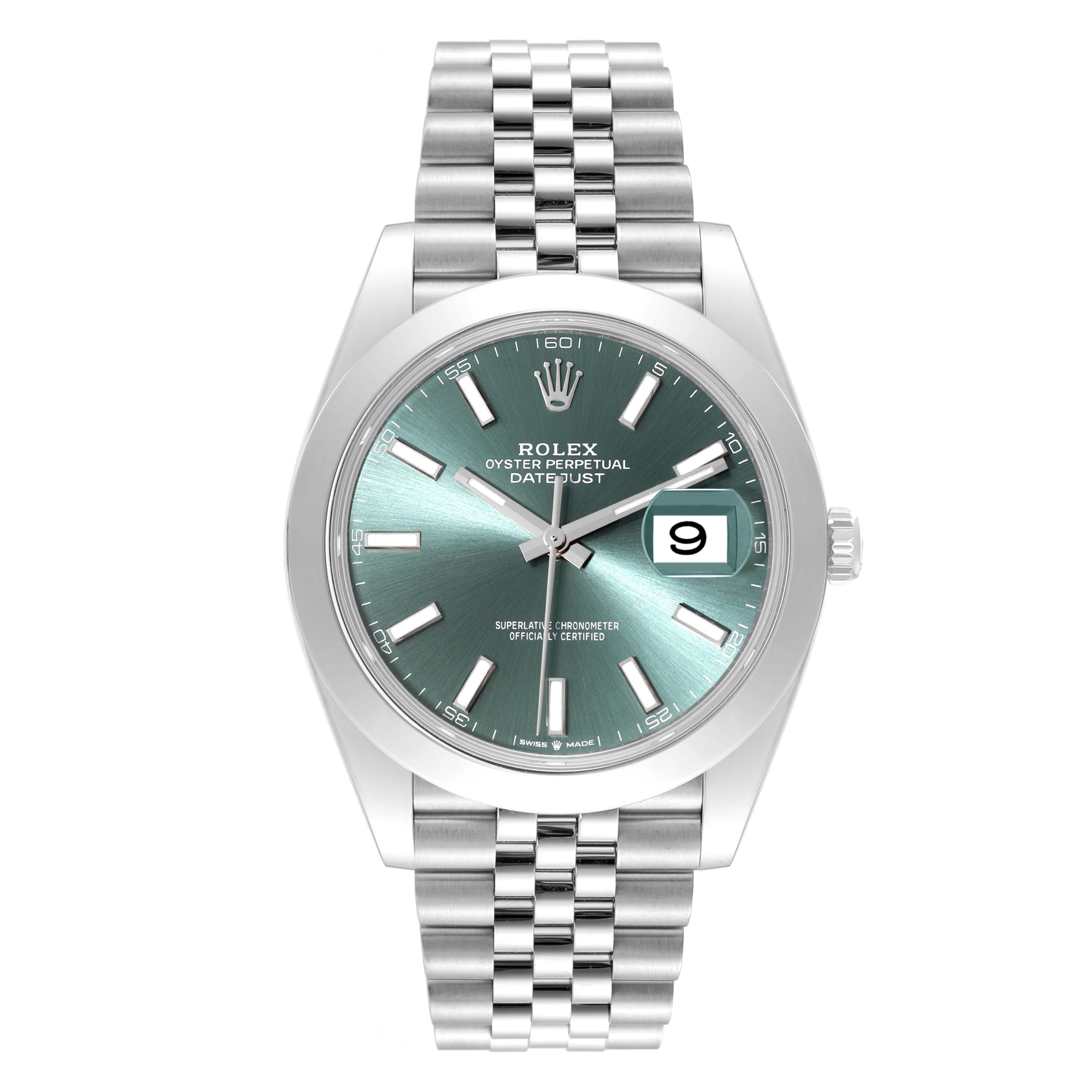 The image shows a Rolex Datejust 41 126300 Men
s Stainless Steel Green Dial 126300 Men
s Stainless Steel Green Dial watch from the front, highlighting its turquoise dial, date window at 3 o
clock, and Jubilee bracelet.
