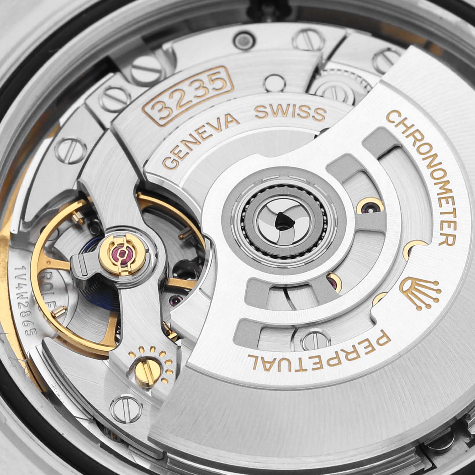 This is a close-up view of the movement inside the Rolex Datejust 41 126300 Men
s Stainless Steel Green Dial 126300 Men
s Stainless Steel Green Dial, showcasing its intricate mechanisms.