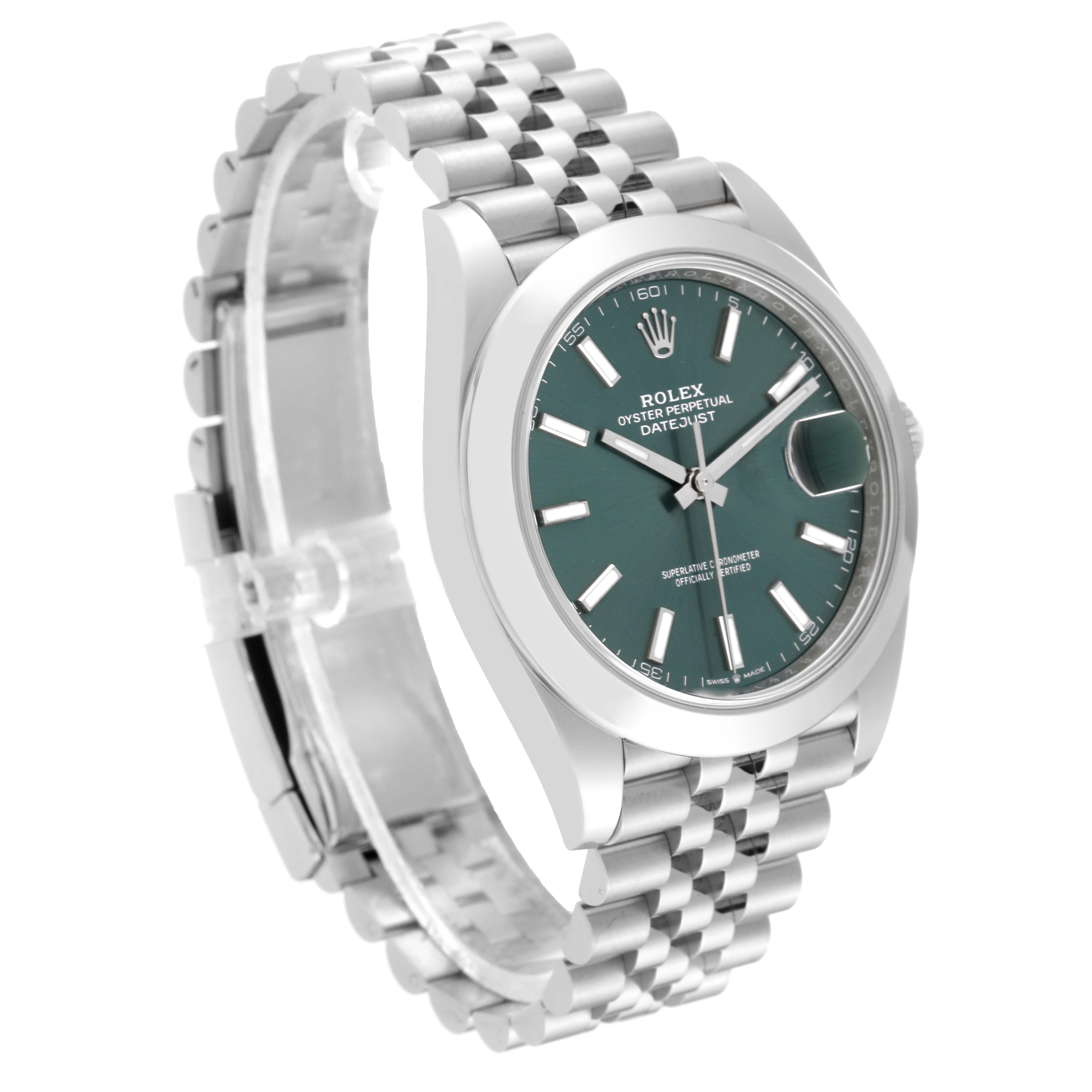 The image shows a Rolex Datejust 41 126300 Men
s Stainless Steel Green Dial 126300 Men
s Stainless Steel Green Dial watch from an angled side view, displaying the dial, bezel, and bracelet.