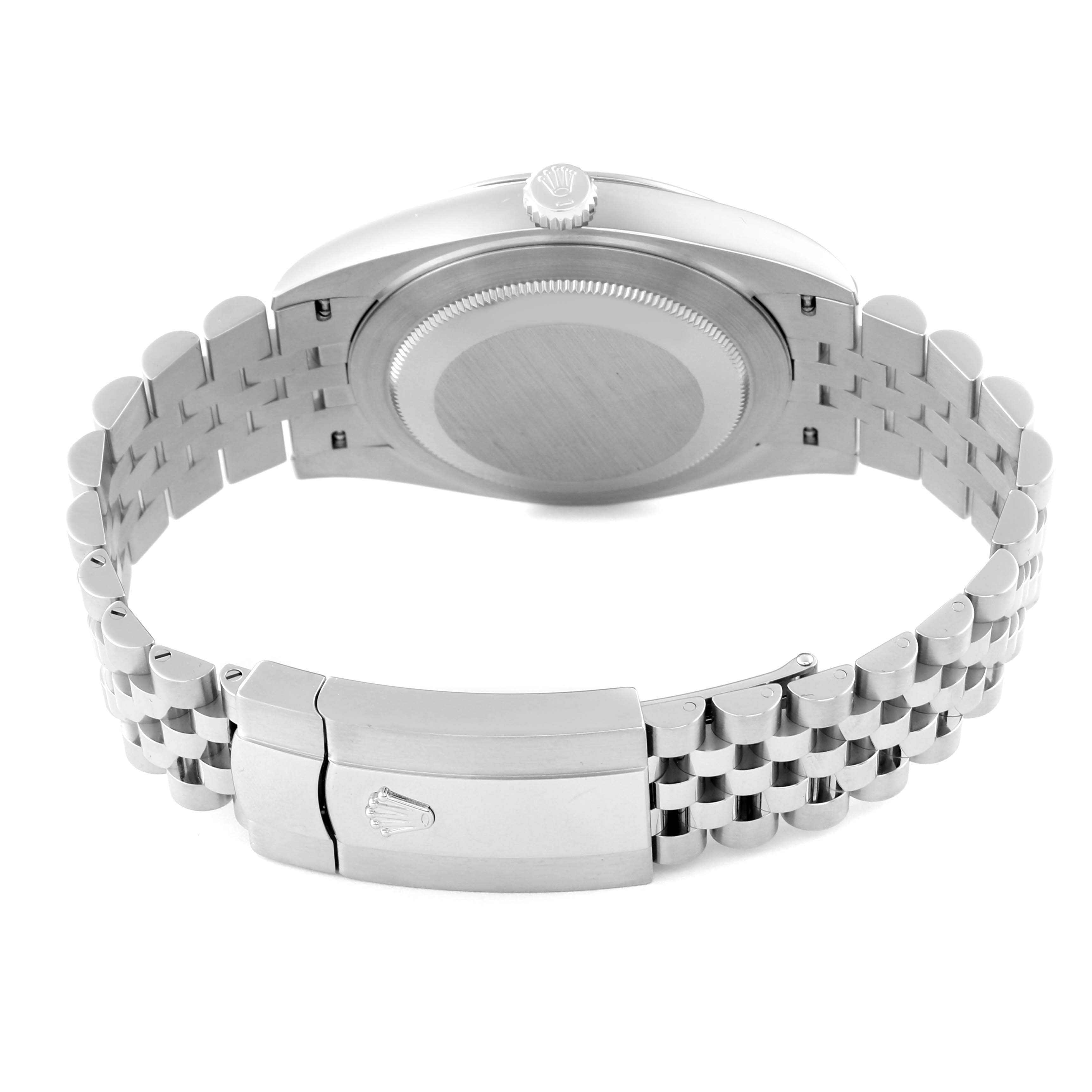 This image shows the backside and clasp of a Rolex Datejust 41 126300 Men
s Stainless Steel Green Dial 126300 Men
s Stainless Steel Green Dial watch with a Jubilee bracelet.