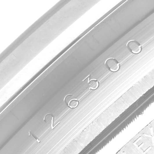 The close-up image shows the engraved inner bezel with the model number "126300" of a Rolex Datejust 41 126300 Men
s Stainless Steel Green Dial 126300 Men
s Stainless Steel Green Dial watch.