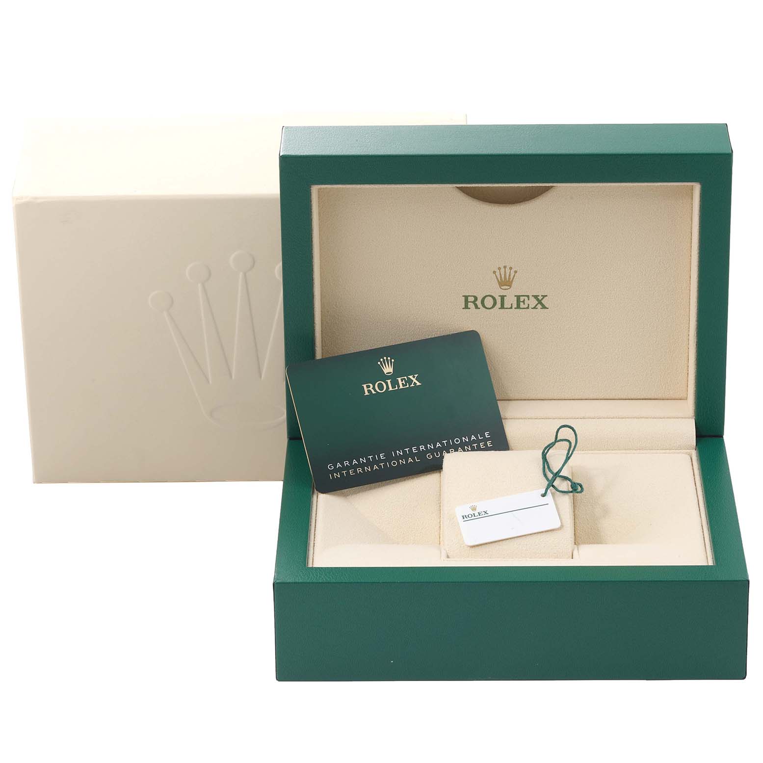The image shows the packaging, warranty card, and accessories for the Rolex Datejust 41 126300 Men
s Stainless Steel Green Dial 126300 Men
s Stainless Steel Green Dial, with the box open to display the interior.