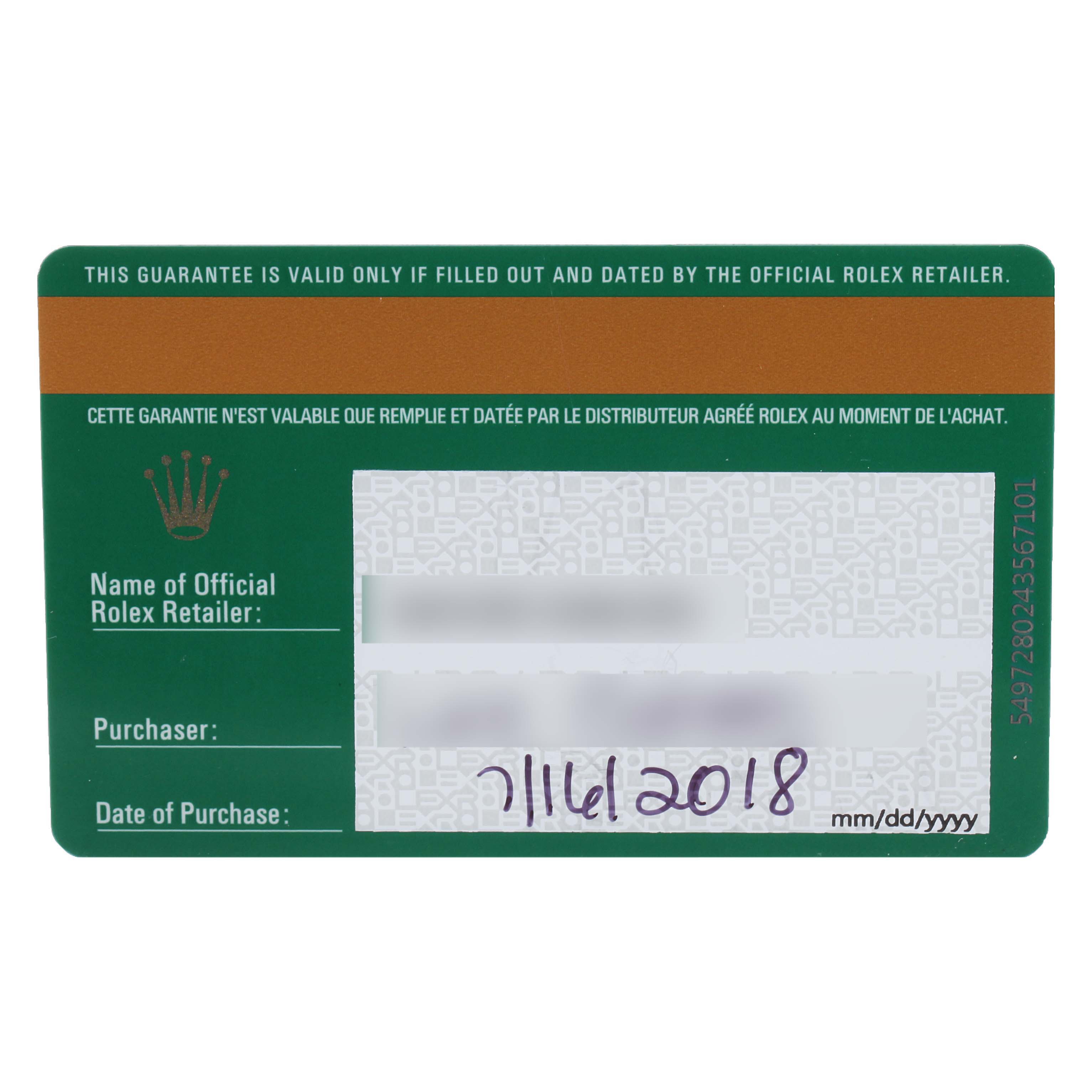 This image shows a warranty card for a Rolex Datejust 41 126331 Men's Steel and Gold (two tone) Brown Dial 126331 Men's Steel and Gold (two tone) Brown Dial, featuring retailer, purchaser, and purchase date information.