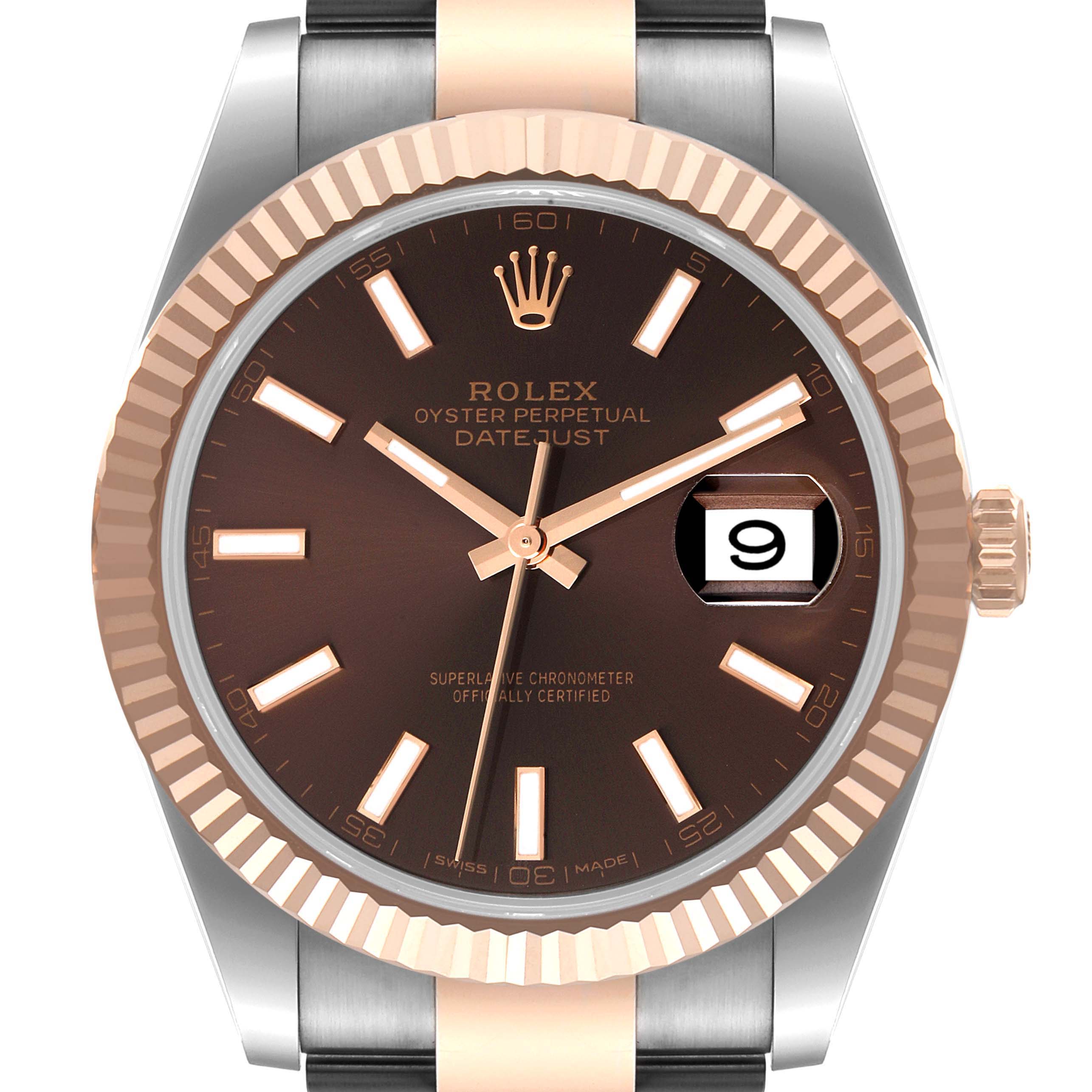 This image shows a front view of a Rolex Datejust 41 126331 Men's Steel and Gold (two tone) Brown Dial 126331 Men's Steel and Gold (two tone) Brown Dial watch displaying the dial, hands, bezel, and date window.
